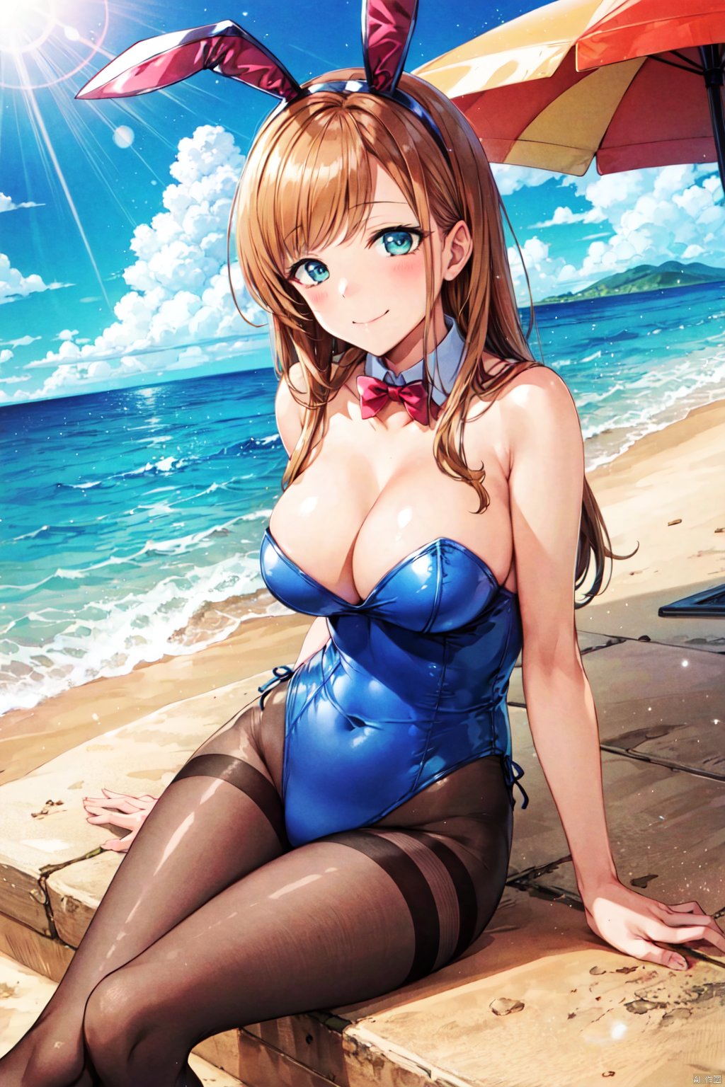 breasts, looking at viewer, (blush smile:1.0) bangs,navel, cleavage, bare shoulders, playboy_bunny_leotard,pantyhose,seaside,sun,sunshine,sky,cloud,leaning forward,sitting,sanada