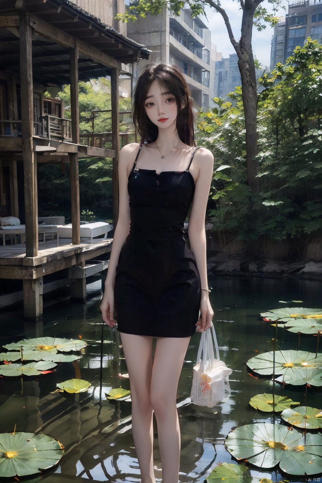 ((4k,masterpiece,best quality)),Realism,photography, 1girl, solo, jewelry, necklace, realistic, brown eyes, brown hair, mole, lips, long hair, looking at viewer,black_dress,Shoulders exposed,(medium chest:1.5),Outdoors, standing on the water, lotus flowers, lotus leaves,Perfect female body with exposed thighs, bare feet, ,bluess,lanlingshi,linglanshi