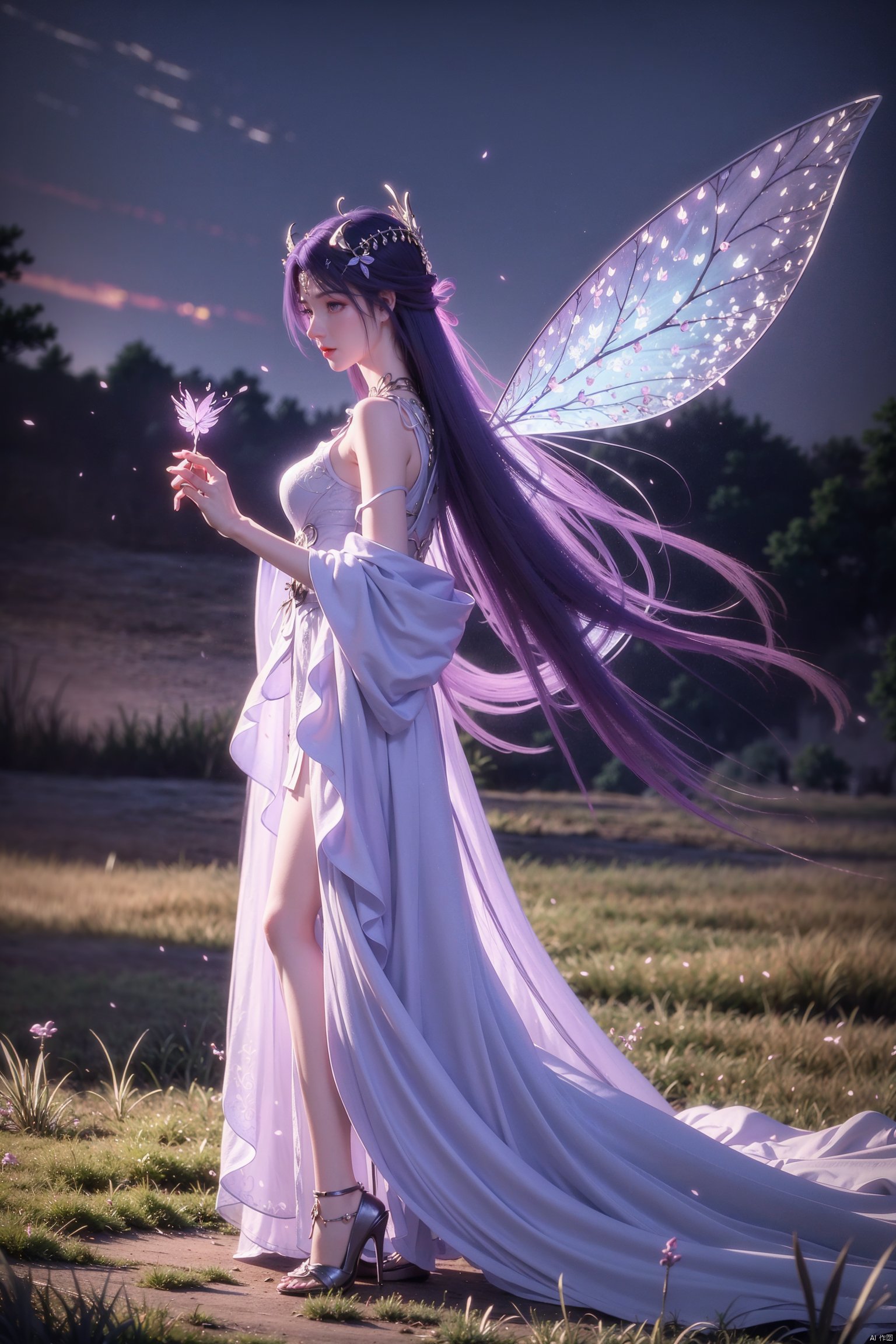 ((4k,masterpiece,best quality)),professional camera,8k photos,wallpaper 1 girl,solo,purple hair,ethereal fairy,floating on clouds,sparkling gown with iridescent butterfly wings,holding a magic wand,surrounded by dancing fireflies,twilight sky,full moon,mystical forest in the background,glowing mushrooms,enchanted flowers,softly illuminated by bioluminescence,serene expression,delicate features with pointed ears,flowing silver hair adorned with tiny stars,gentle breeze causing her dress and hair to flow ethereally,dreamlike atmosphere,surreal color palette,high dynamic range lighting,intricate details,otherworldly aesthetic.,,