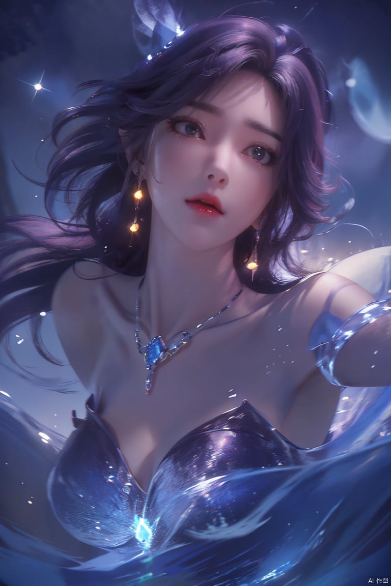  ((4k,masterpiece,best quality)), professional camera, 8k photos, wallpaper,luokeke,
1girl, solo, long hair, black hair, (dress:1.3), bare shoulders, jewelry, eyes, earrings, outdoors, sky, sparkle_water, necklace, dress, lips, sparkle, night, floating hair, wind, red lips,
Seaside, sea, blue water, glowing water, rippling water,, yuechan, purple hair, luokeke