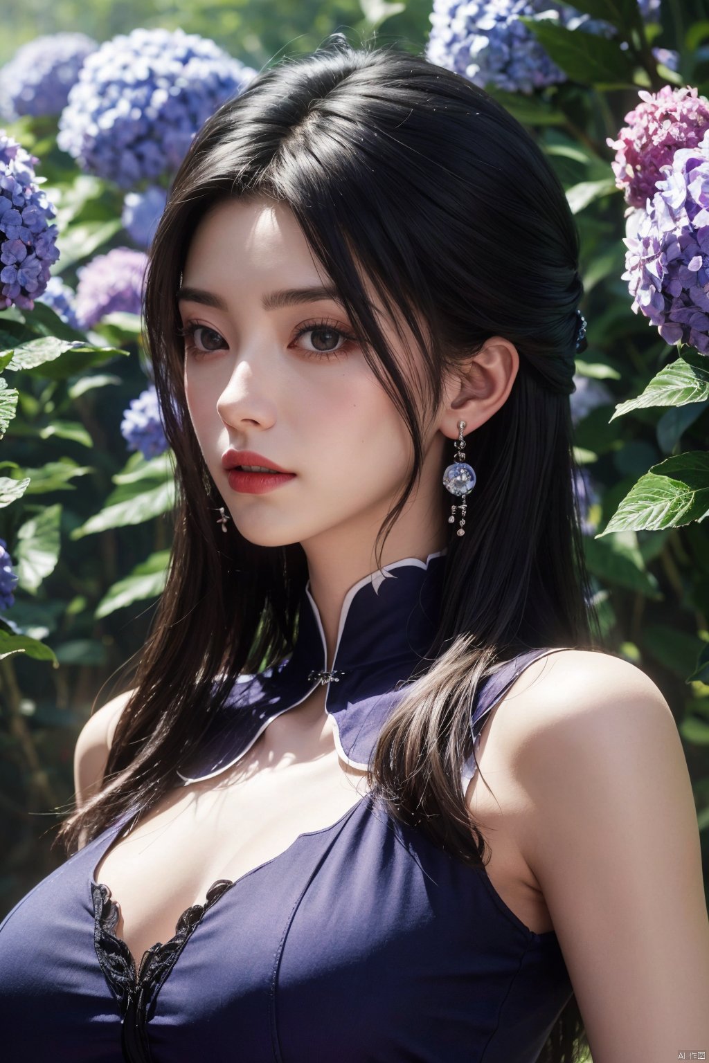  best quality,masterpiece,Xlimuwan,1girl,solo,long hair,looking at viewer,jewelry,closed mouth,purple eyes,upper body,purple hair,earrings,blurry,blurry background,sunlight,red lips,(big breasts:1.39),X-Yunxiao,X-Hydrangea, traditional chinese ink painting,ll-hd,