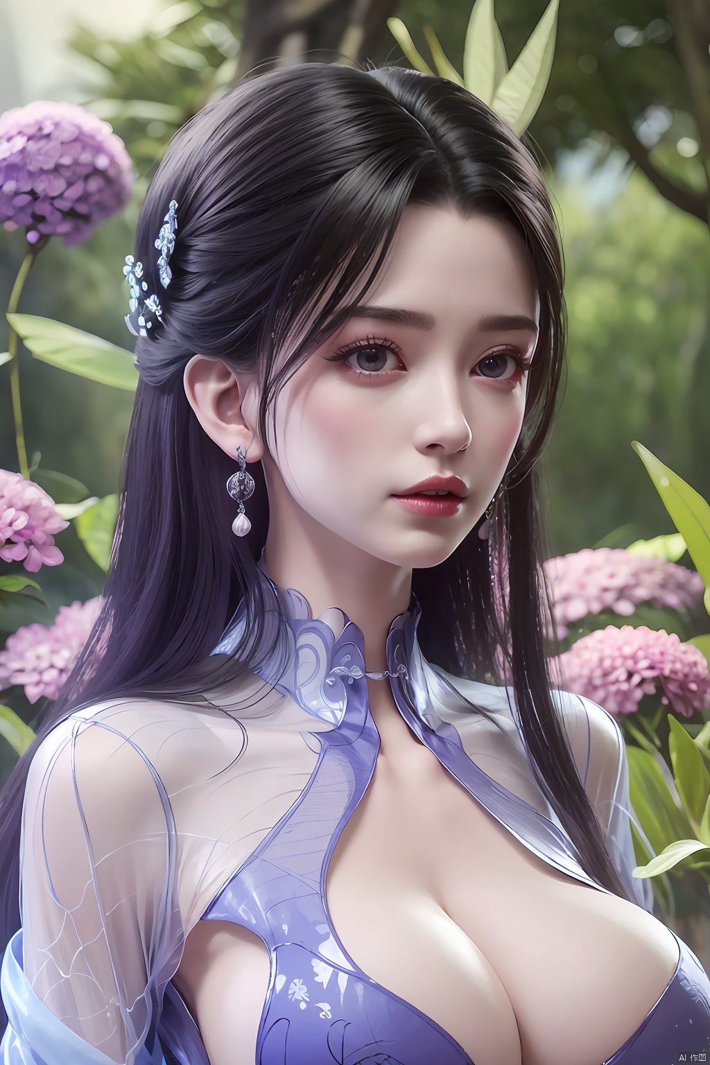  best quality,masterpiece,Xlimuwan,1girl,solo,very long hair,looking at viewer,jewelry,closed mouth,purple eyes,upper body,purple hair,earrings,blurry,blurry background,sunlight,red lips,(big breasts:1.23),X-Yunxiao,X-Hydrangea, traditional chinese ink painting,ll-hd,