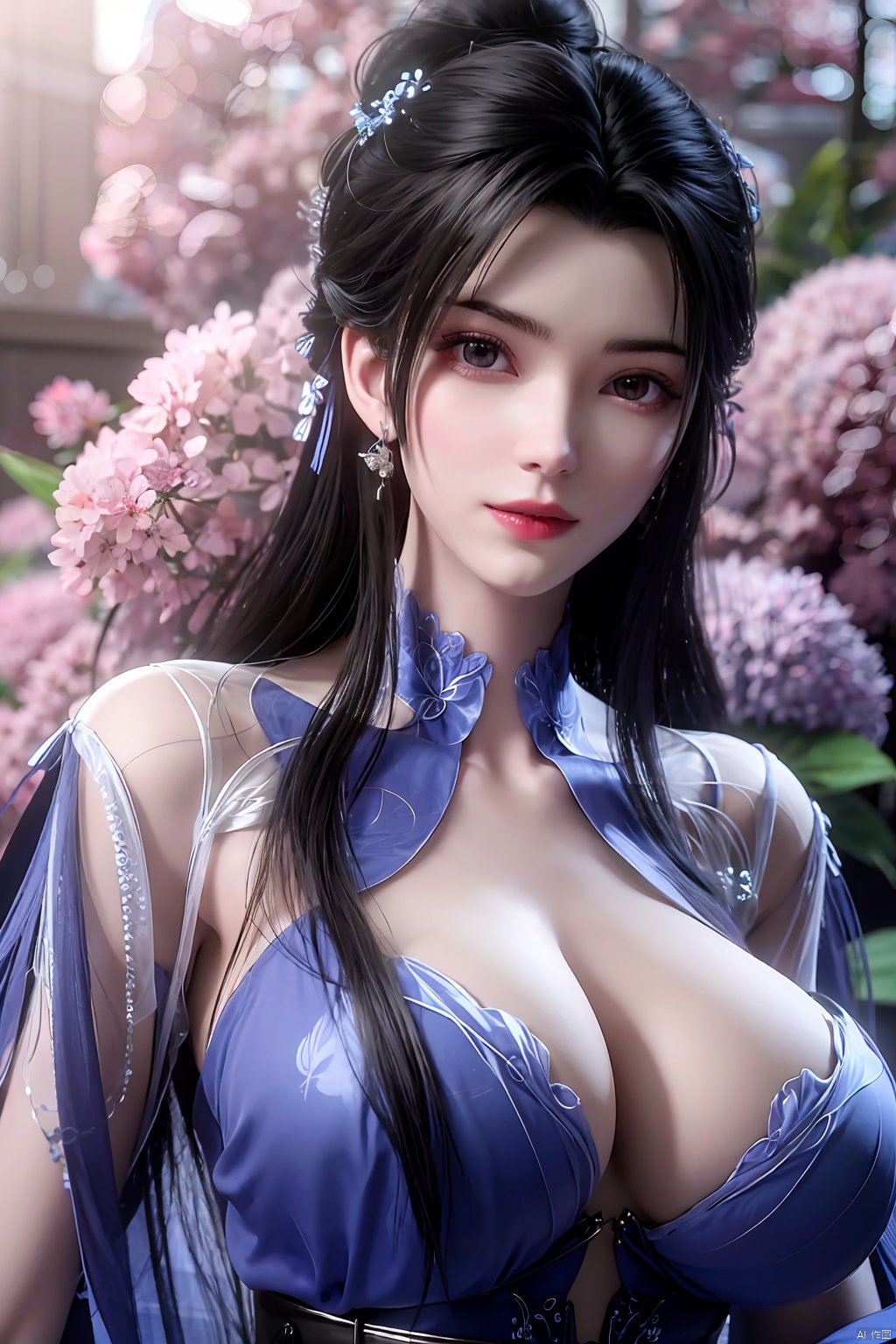  best quality,masterpiece,Xlimuwan,1girl,solo,long hair,looking at viewer,jewelry,closed mouth,purple eyes,upper body,purple hair,earrings,blurry,blurry background,sunlight,red lips,(big breasts:1.39),X-Yunxiao,X-Hydrangea, traditional chinese ink painting,ll-hd,