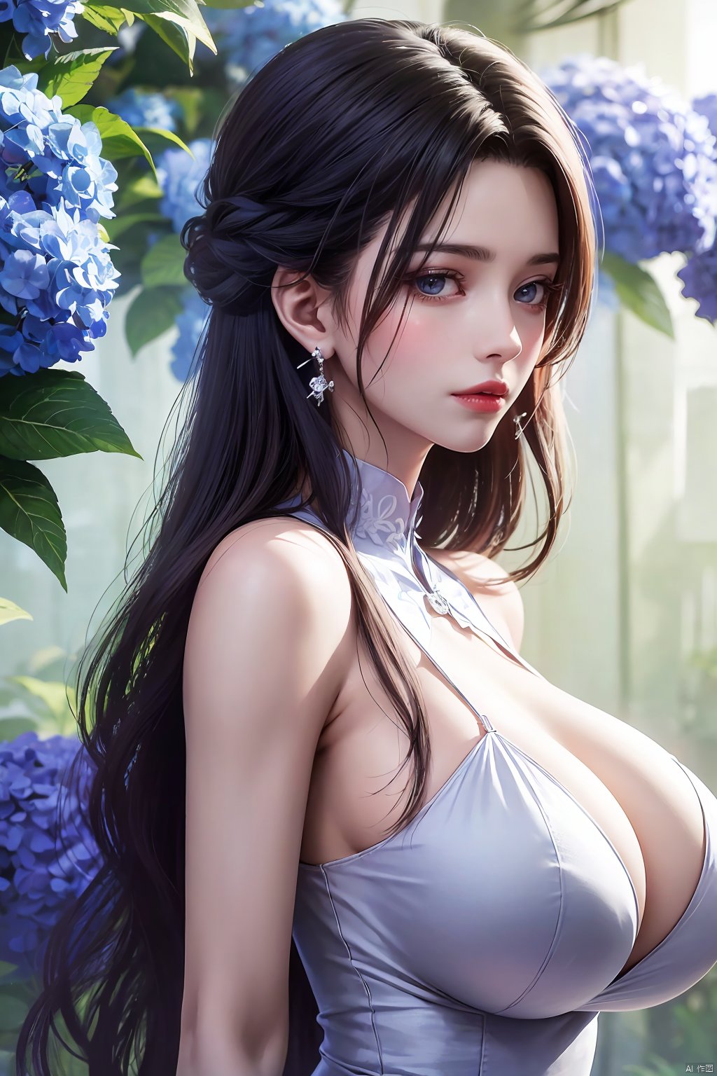  best quality,masterpiece,Xlimuwan,1girl,solo,long hair,looking at viewer,jewelry,closed mouth,purple eyes,upper body,purple hair,earrings,blurry,blurry background,sunlight,red lips,(big breasts:1.39),X-Yunxiao,X-Hydrangea, traditional chinese ink painting,ll-hd,