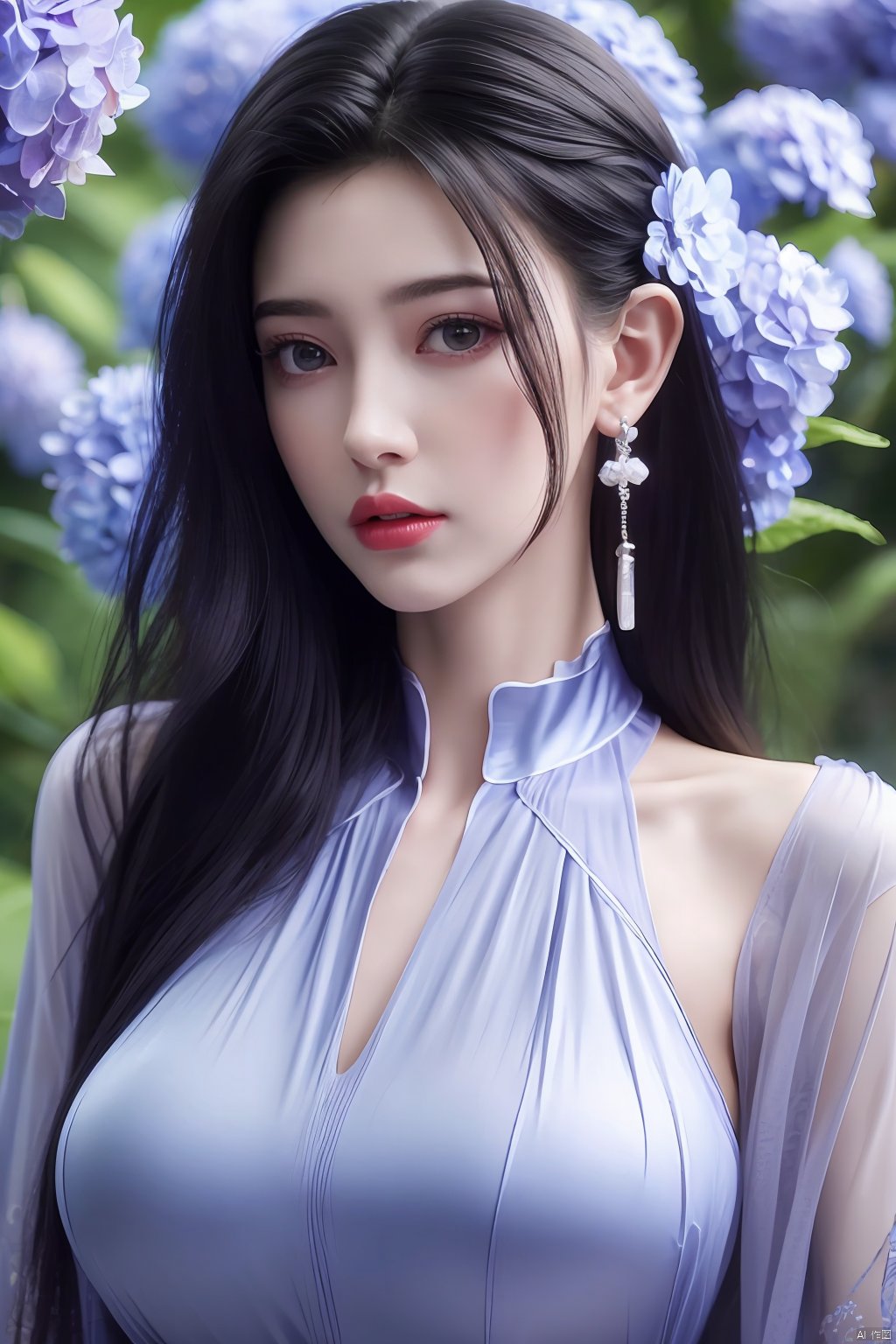  best quality,masterpiece,Xlimuwan,1girl,solo,long hair,looking at viewer,jewelry,closed mouth,purple eyes,upper body,purple hair,earrings,blurry,blurry background,sunlight,red lips,(big breasts:1.23),X-Yunxiao,X-Hydrangea, traditional chinese ink painting,ll-hd,