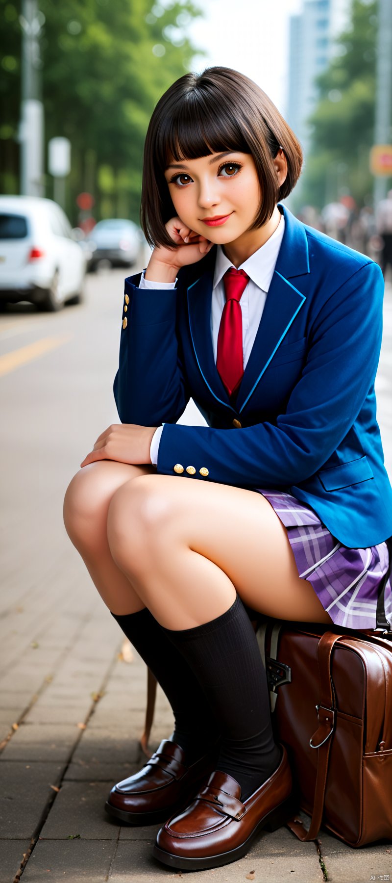 masterpiece,best quality,1girl, solo, school uniform, skirt, black hair, socks, necktie, squatting, outdoors, jacket, bag, short hair, school bag, plaid skirt, blurry, black socks, blazer, plaid, photo background, shoes, realistic, blurry background, head rest, looking at viewer, pleated skirt, blue jacket, smile, kneehighs, red necktie, brown eyes,Dragon's crown style,Fantasy clothes futuristic japan culture,score_9 score_8_up score_7_up