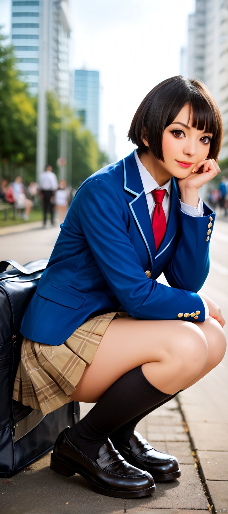 masterpiece,best quality,1girl, solo, school uniform, skirt, black hair, socks, necktie, squatting, outdoors, jacket, bag, short hair, school bag, plaid skirt, blurry, black socks, blazer, plaid, photo background, shoes, realistic, blurry background, head rest, looking at viewer, pleated skirt, blue jacket, smile, kneehighs, red necktie, brown eyes,Dragon's crown style,Fantasy clothes futuristic japan culture,score_9 score_8_up score_7_up