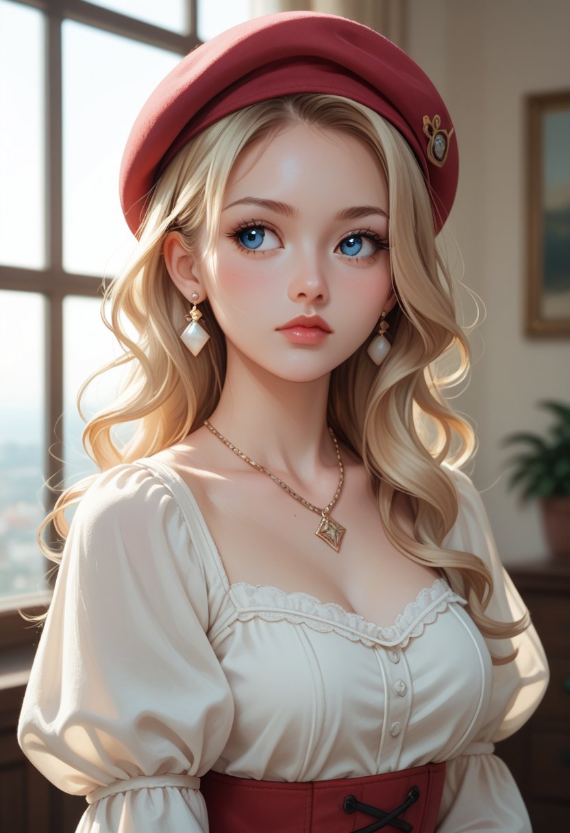 score_9, score_8_up, score_7_up, score_6_up, score_5_up, score_4_up,

1girl, solo, long hair, blush, bangs, blue eyes, blonde hair, hat, ribbon, jewelry, closed mouth, upper body, earrings, puffy sleeves, indoors, necklace, lips, looking to the side, eyelashes, window, beret, watermark, wavy hair, looking away, sample watermark,

Expressiveh,
more detail XL,