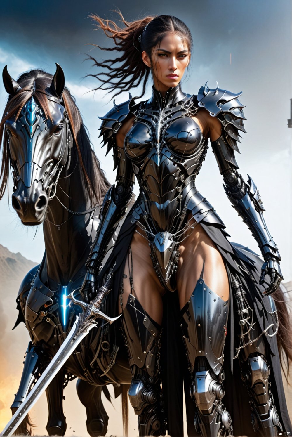  Female, tall figure, wearing black heavy armor, wearing black armor, only exposed eyes, she held a silver sword, to the front, a tall black horse standing behind her., ananmo, ((cyborg dress and mechanic elements)), CRGF