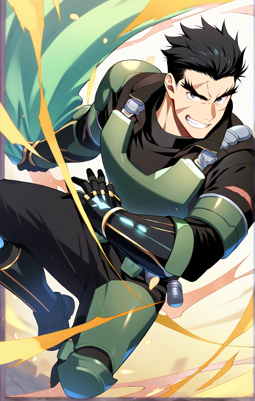 score_9, score_8_up, score_7_up, masterpiece, best quality, best aesthetic, 30 years old, solo, male focus, black hair, black eyes, full_body, akatsukiiwao , green armor, short_hair, thick eyebrows, black vest, metallic black boots, metallic black gauntlets, scar on face