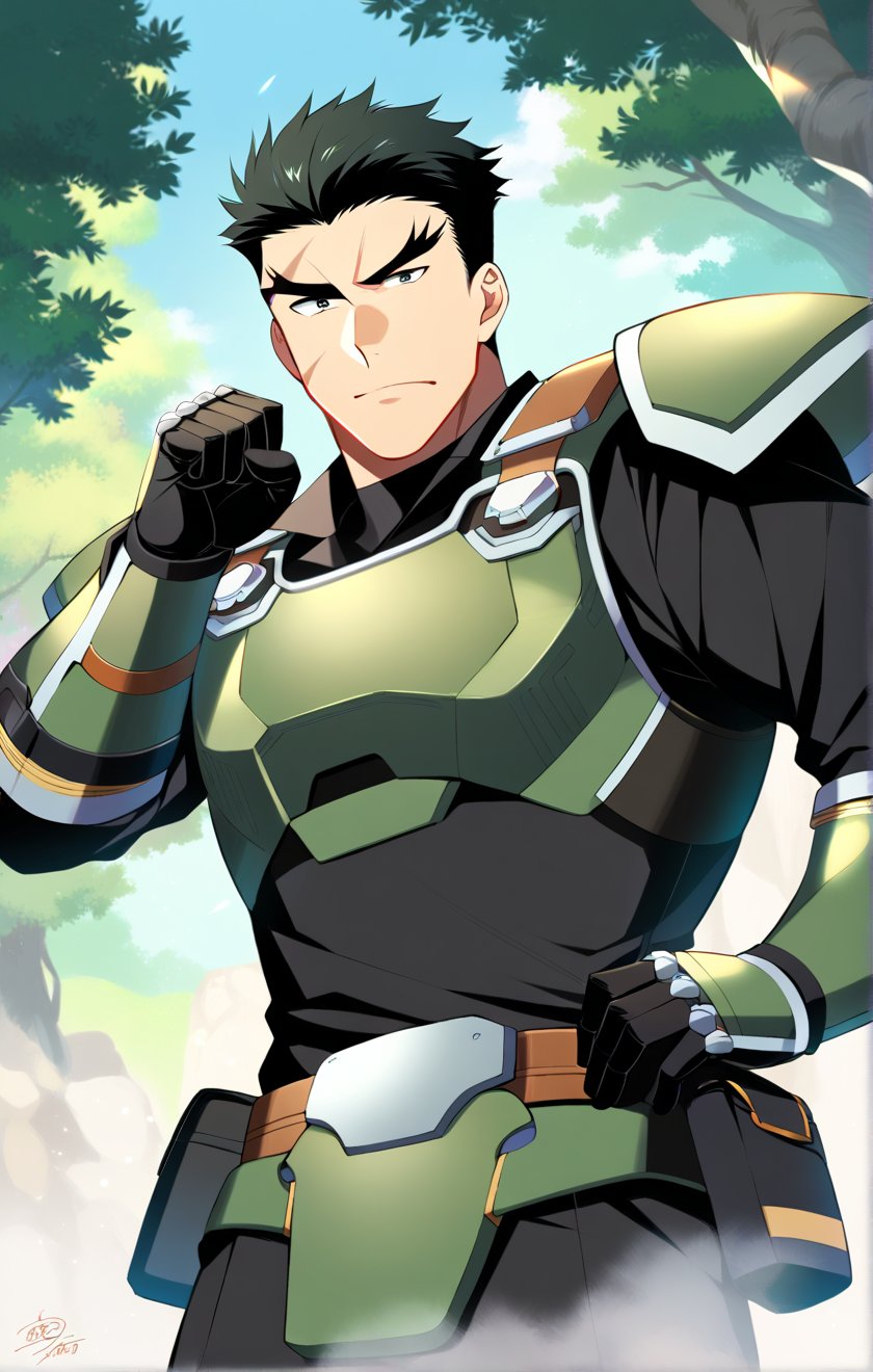 score_9, score_8_up, score_7_up, masterpiece, best quality, best aesthetic, 30 years old, solo, male focus, black hair, black eyes, full_body, akatsukiiwao , green armor, short_hair, thick eyebrows, black vest, metallic black boots, metallic black gauntlets, scar on face