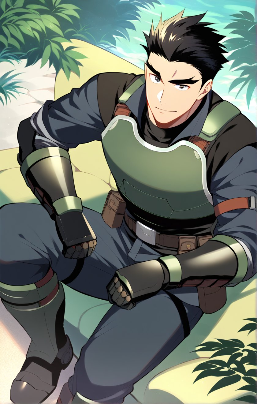 score_9, score_8_up, score_7_up, masterpiece, best quality, best aesthetic, 30 years old, solo, male focus, black hair, black eyes, full_body, sit on sofa, akatsukiiwao , green armor, short_hair, thick eyebrows, black vest, black metal boots, metallic black gauntlets,