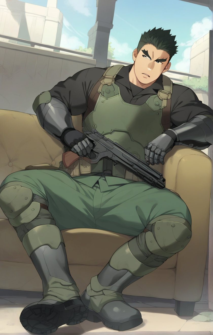 score_9, score_8_up, score_7_up, masterpiece, best quality, best aesthetic, 30 years old, solo, male focus, black hair, black eyes, full_body, sit on sofa, akatsukiiwao , green armor, short_hair, gun, thick eyebrows, black vest, black metal boots, metallic black gauntlets,