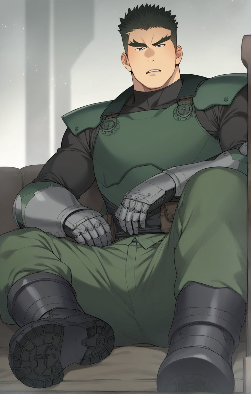 score_9, score_8_up, score_7_up, masterpiece, best quality, best aesthetic, 30 years old, solo, male focus, black hair, black eyes, full_body, sit on sofa, akatsukiiwao , green armor, short_hair, thick eyebrows, black vest, black metal boots, metallic black gauntlets,