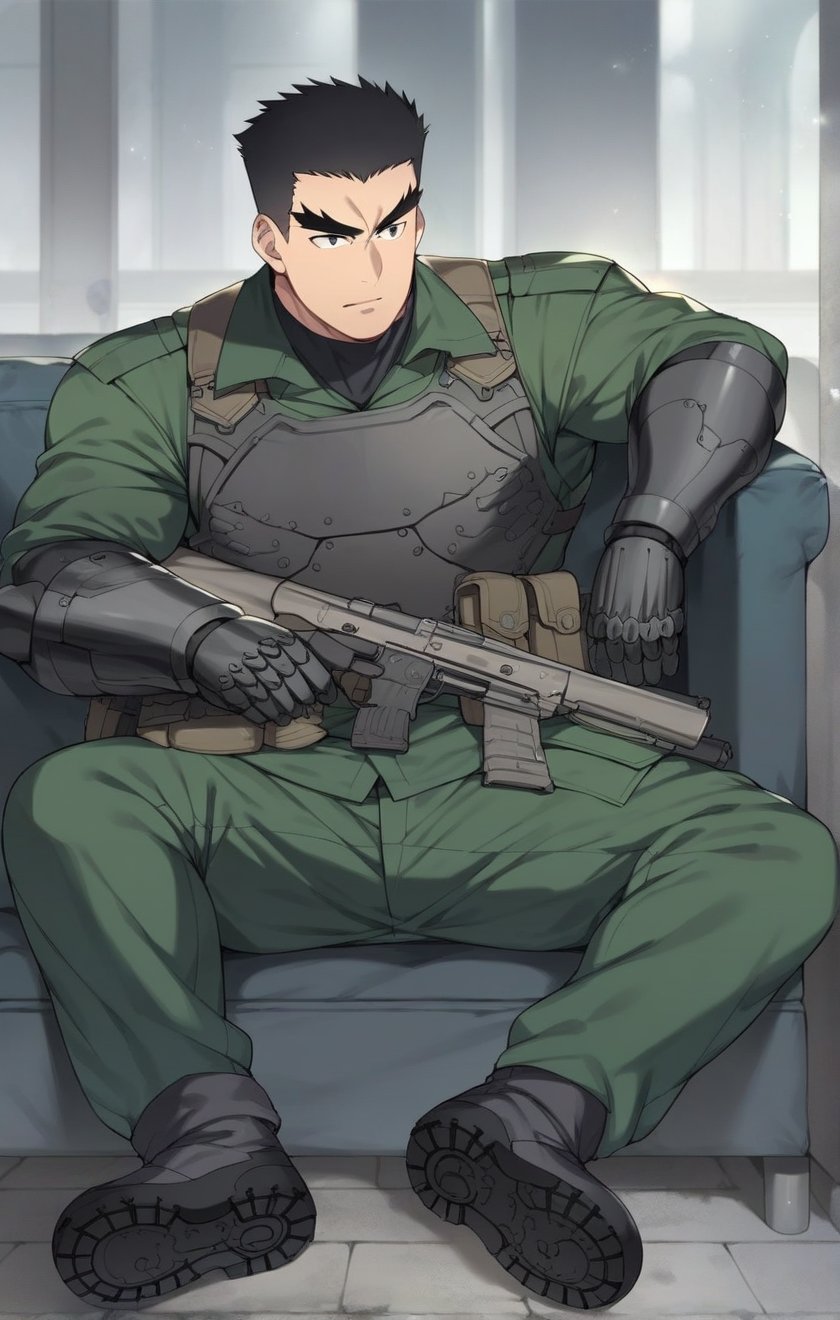 score_9, score_8_up, score_7_up, masterpiece, best quality, best aesthetic, 30 years old, solo, male focus, black hair, black eyes, full_body, sit on sofa, akatsukiiwao , green armor, short_hair, gun, thick eyebrows, black vest, black metal boots, metallic black gauntlets