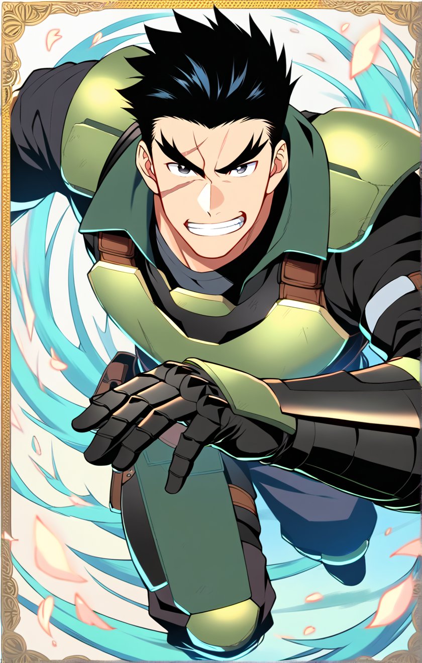 score_9, score_8_up, score_7_up, masterpiece, best quality, best aesthetic, 30 years old, solo, male focus, black hair, black eyes, full_body, akatsukiiwao , green armor, short_hair, thick eyebrows, black vest, metallic black boots, metallic black gauntlets, scar on face