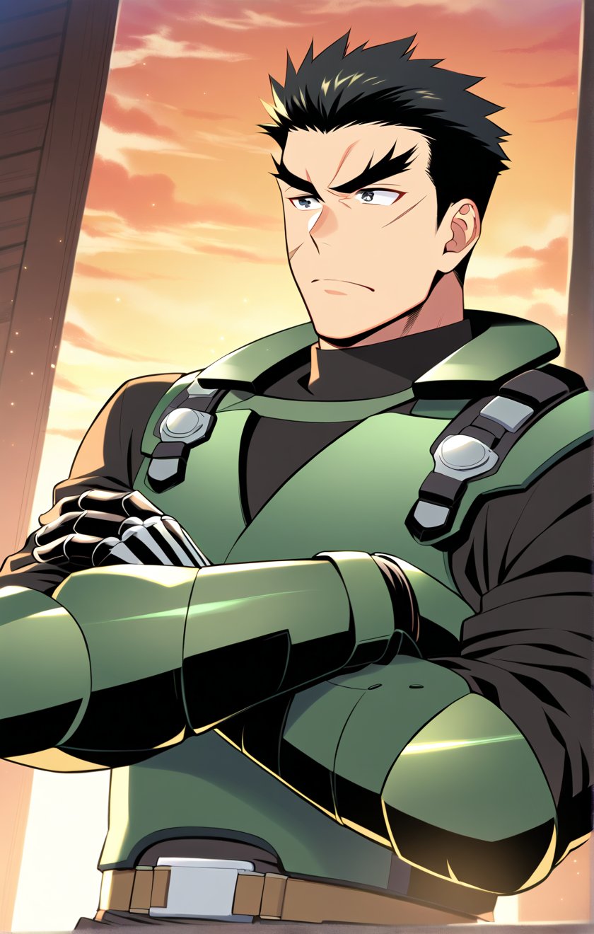 score_9, score_8_up, score_7_up, masterpiece, best quality, best aesthetic, 30 years old, solo, male focus, black hair, black eyes, full_body, akatsukiiwao , green armor, short_hair, thick eyebrows, black vest, metallic black boots, metallic black gauntlets, crossed arms, scar on face