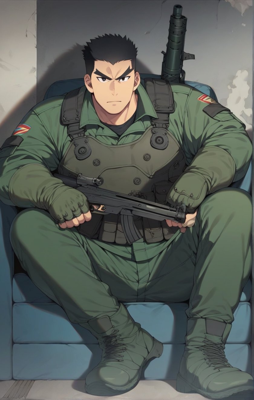 score_9, score_8_up, score_7_up, masterpiece, best quality, best aesthetic, 30 years old, solo, male focus, black hair, black eyes, full_body, sit on sofa, akatsukiiwao , green armor, short_hair, gun, thick eyebrows, 