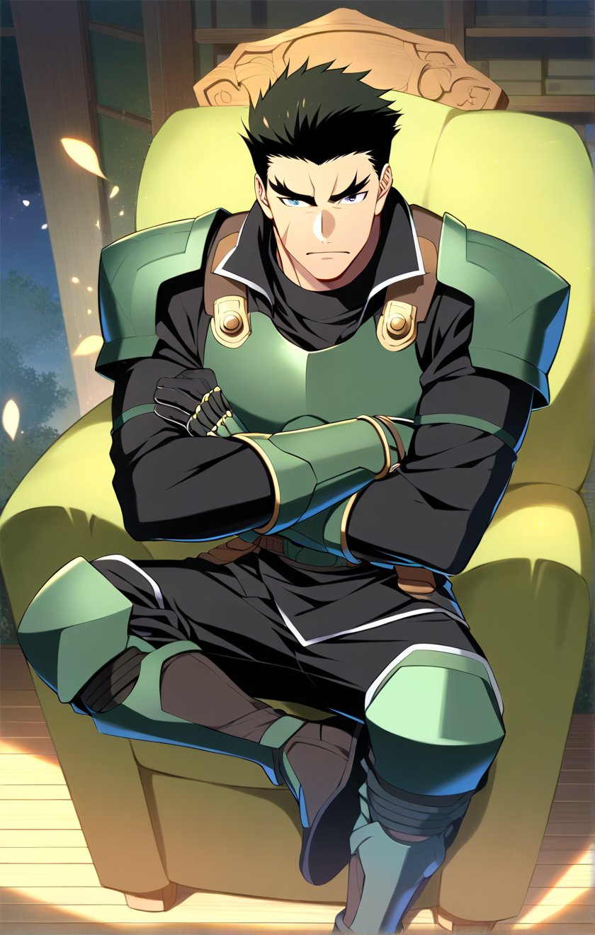 score_9, score_8_up, score_7_up, masterpiece, best quality, best aesthetic, 30 years old, solo, male focus, black hair, black eyes, full_body, sit on sofa, akatsukiiwao , green armor, short_hair, thick eyebrows, black vest, metallic black boots, metallic black gauntlets, crossed arms, scar on face