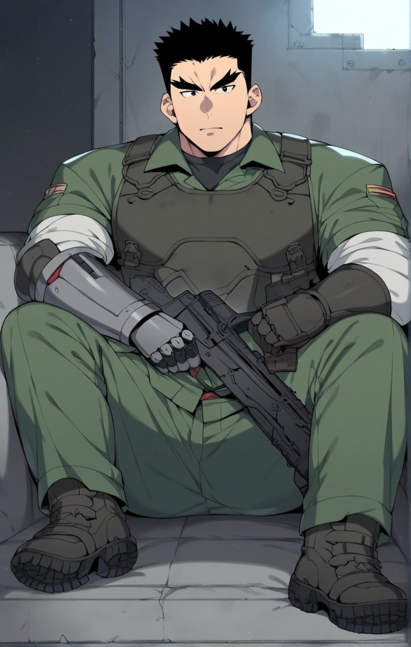 score_9, score_8_up, score_7_up, masterpiece, best quality, best aesthetic, 30 years old, solo, male focus, black hair, black eyes, full_body, sit on sofa, akatsukiiwao , green armor, short_hair, gun, thick eyebrows, black vest, black metal boots, metallic black gauntlets