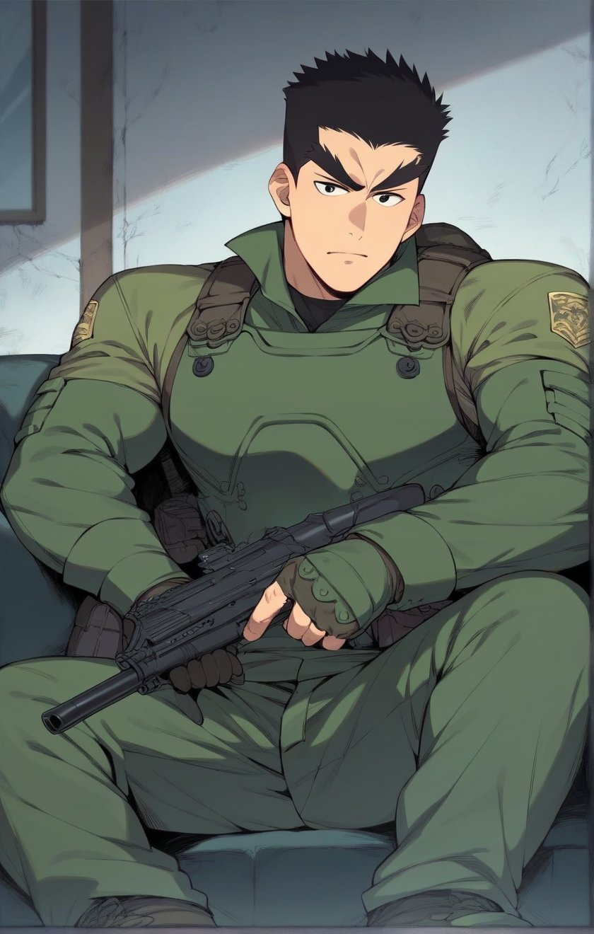 score_9, score_8_up, score_7_up, masterpiece, best quality, best aesthetic, 30 years old, solo, male focus, black hair, black eyes, full_body, sit on sofa, akatsukiiwao , green armor, short_hair, gun, thick eyebrows, 