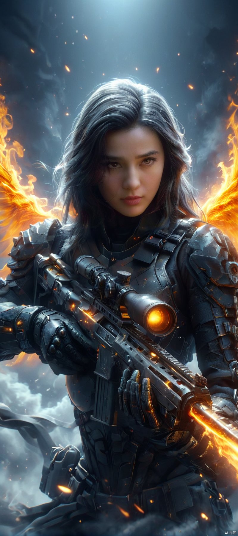 1 girl, Flame body, masterpiece, top quality,phoenix dark is x-men, beautiful and aesthetic:1.2, (1girl:1.3), (full body:1.5),red suitbody ,looking at viewer,fire hair, extreme detailed,(fire hands:1.5),fire,smoke,goddess, detailed, detail fingers, detail face, masterpiece,ultra realistic,32k,extremely detailed CG unity 8k wallpaper, best quality, Cinematic photography, movie mood, cinematic light, compelling composition, storytelling elements, conveys emotion, mood, and narrative depth, creating visually striking images that feel like still frames from a film, Cinematic portrait photography, capture subject in a way that resembles a still frame from a movie, cinematic lighting, story, narrative quality, drawing viewers into the scene and evoking a sense of cinematic immersion, capturing emotion, professional, engaging, compelling composition, night photography, nocturnal beauty, city lights, starry skies, celestial wonders, moonlit landscapes, urban glow, capturing the essence of darkness, ethereal atmosphere, dramatic shadows, magical ambiance, long exposure techniques, expert use of light sources, Heavenly Breasts,COLORFUL GRADIENT,score_9_up score_8_up score_7_up,DAMIMI,Spear and Shield,UTASHIMADG fishnets mecha leotard armor, HKMAGIC,Wearing fist gauntlets, HKSTYLE,MECHA ANGEL SOLDIER,wielding a futuristic sniper rifle