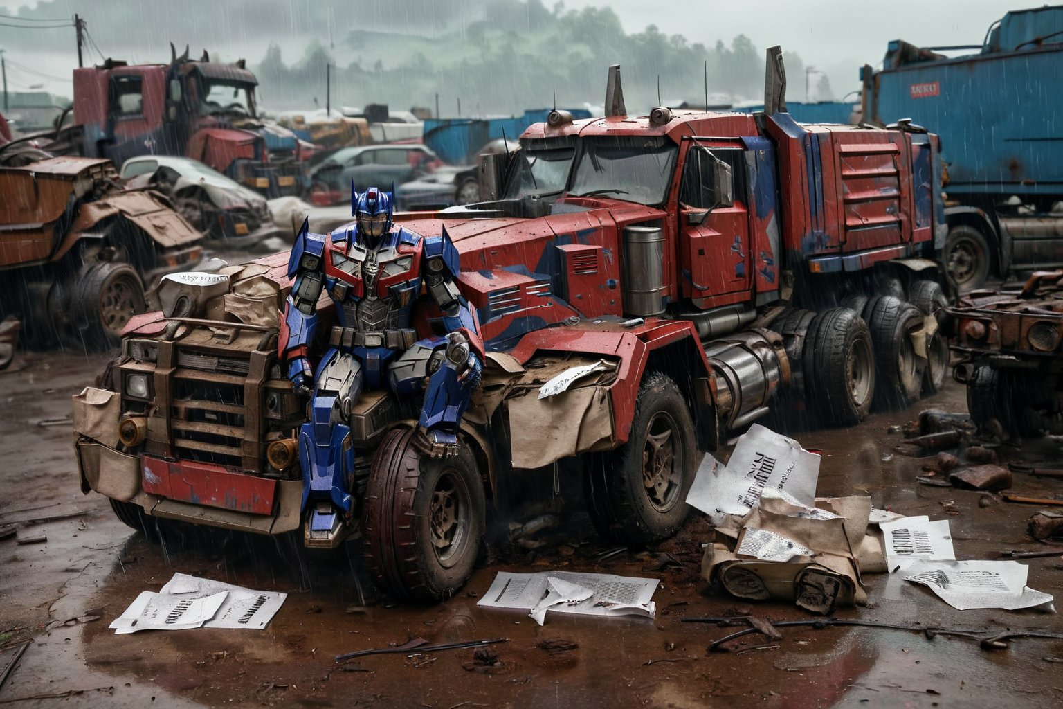 Photo of Optimus Prime lying on the gran, in a junkyard, rain, paper, 4k, uhd, masterpiece 