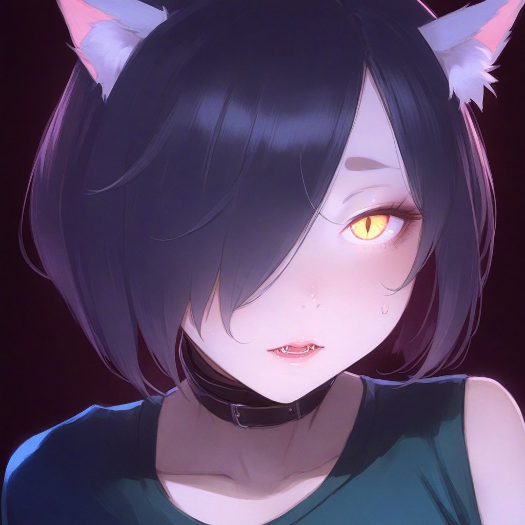 softwatercolor, 1girl, catgirl, cat ears, shorthair, hair over one eyes, black hair, golden eyes, cat eyes, slit pupil, glowing eyes, black background, masterpiece, best quality, amazing quality, very aesthetic, absurdres
