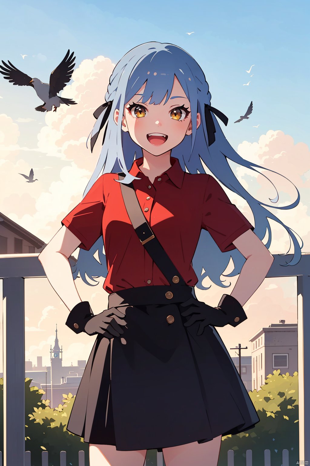 ribbon,hair ribbon, yellow eyes,black ribbon,,cybersaki,blue hair,
1girl, solo, long hair, smile, open mouth, skirt, shirt, gloves, short sleeves, grey hair, outdoors, sky, black gloves, cloud, mask, bird, feathers, red shirt, facing viewer, hands on hips, railing, crow, red sky