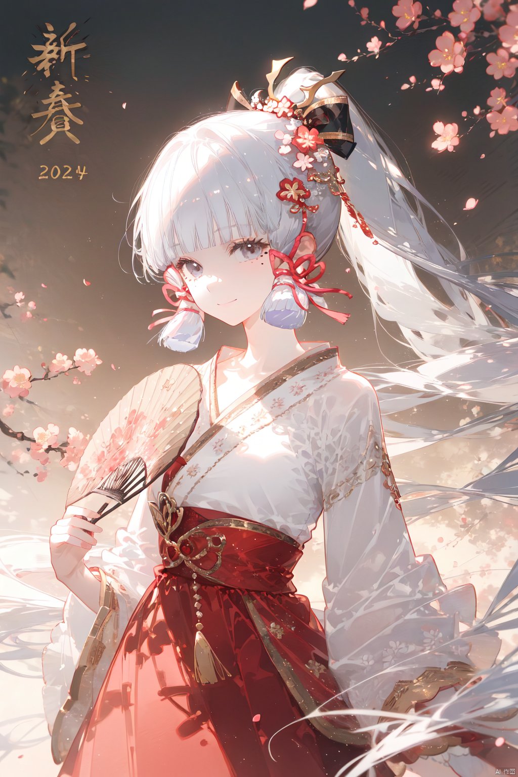 1girl, kamisato ayaka, solo, long hair, bangs, looking at viewer, holding, hand fan, holding fan, blunt bangs, smile, ponytail, white hair, long sleeves, very long hair, petals, skirt, ribbon, mole, mole under eye, japanese clothes, hair ribbon, branch, bow, happy new year, hair ornament, closed mouth, cherry blossoms, red skirt, folding fan, new year, sidelocks, red ribbon, falling petals