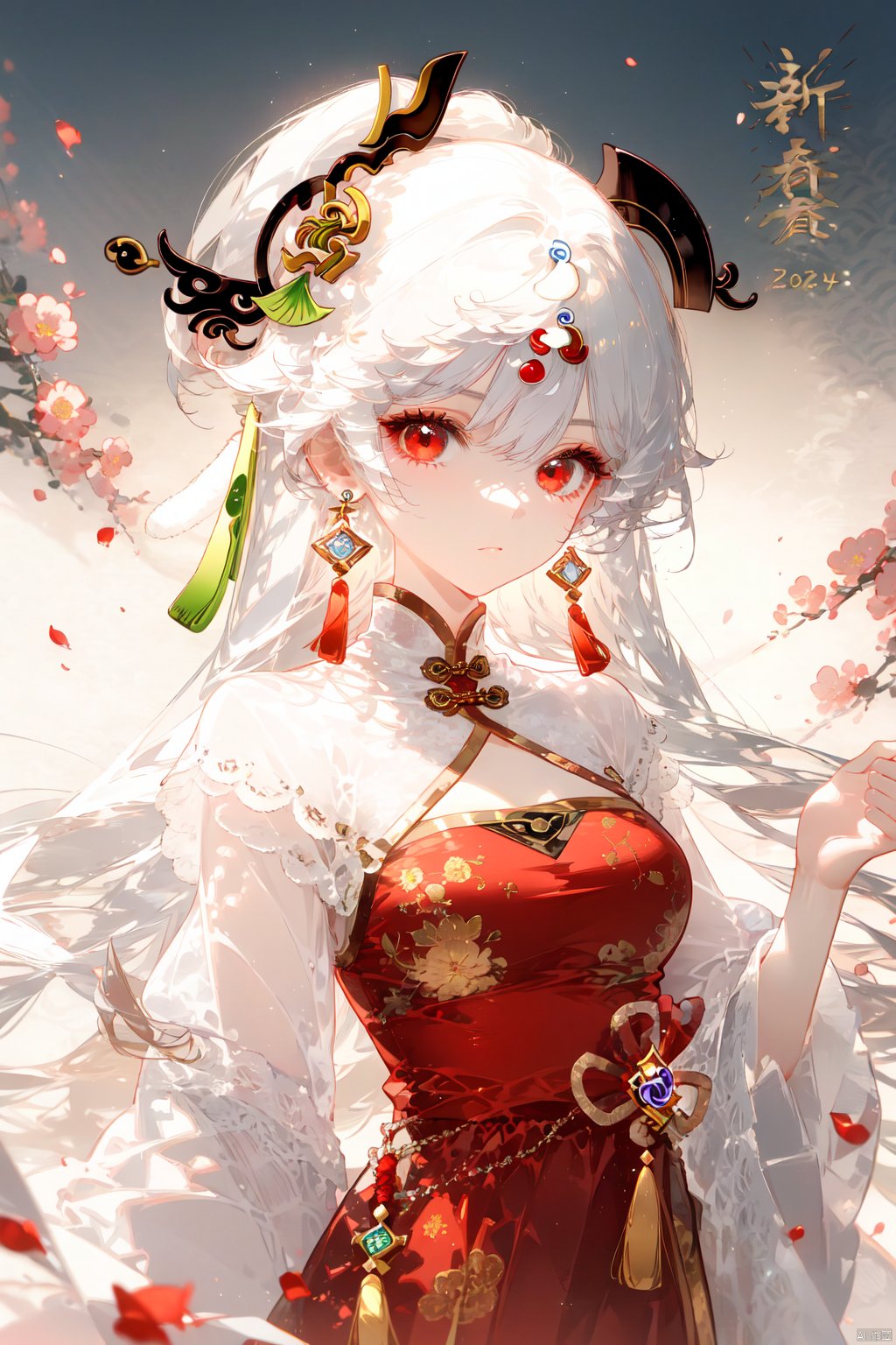 1girl, solo, long hair, red eyes, white hair, hair ornament, ningguang \(genshin impact\), holding, looking at viewer, breasts, long sleeves, earrings, bangs, upper body, closed mouth, jewelry, dress, tassel, hair stick, petals, flower, chinese clothes