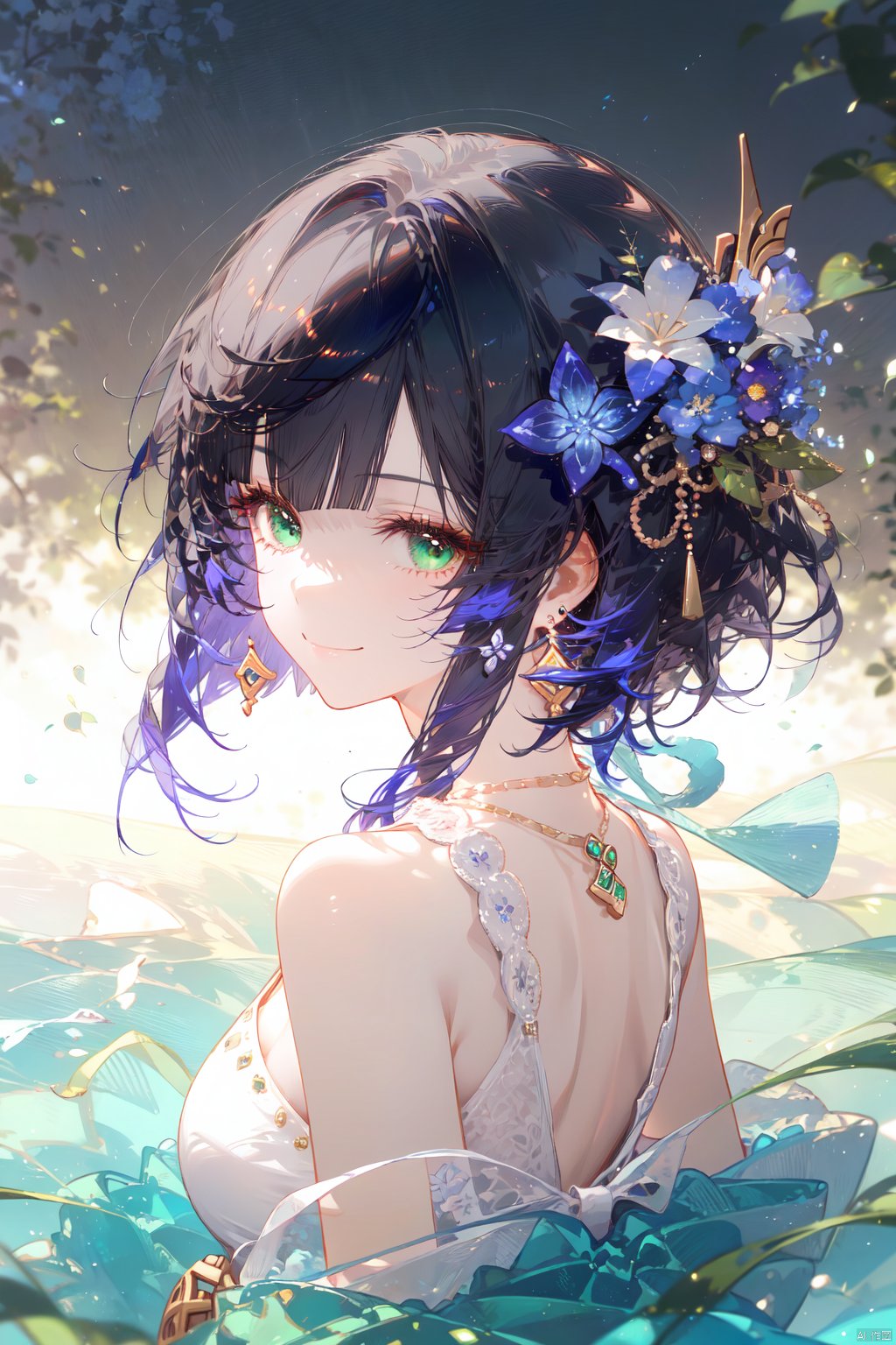 1girl, jewelry, solo, earrings, yelan \(genshin impact\), dress, necklace, green eyes, looking at viewer, bangs, breasts, hair ornament, short hair, hair flower, blue hair, flower, bare shoulders, upper body, closed mouth, cleavage, sleeveless dress, diagonal bangs, multicolored hair, backlighting, alternate costume, black hair, sleeveless, medium breasts, smile, green dress