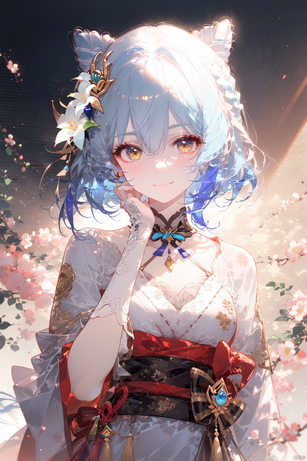 1girl, xiangling \(genshin impact\), looking at viewer, blue hair, japanese clothes, kimono, hair ornament, smile, yellow eyes, hair rings, short hair, braid, long sleeves, bangs, vision \(genshin impact\), hand on hip, hand on own face, solo, wide sleeves, blush, flower, animal on shoulder, closed mouth, alternate costume, upper body, hair flower