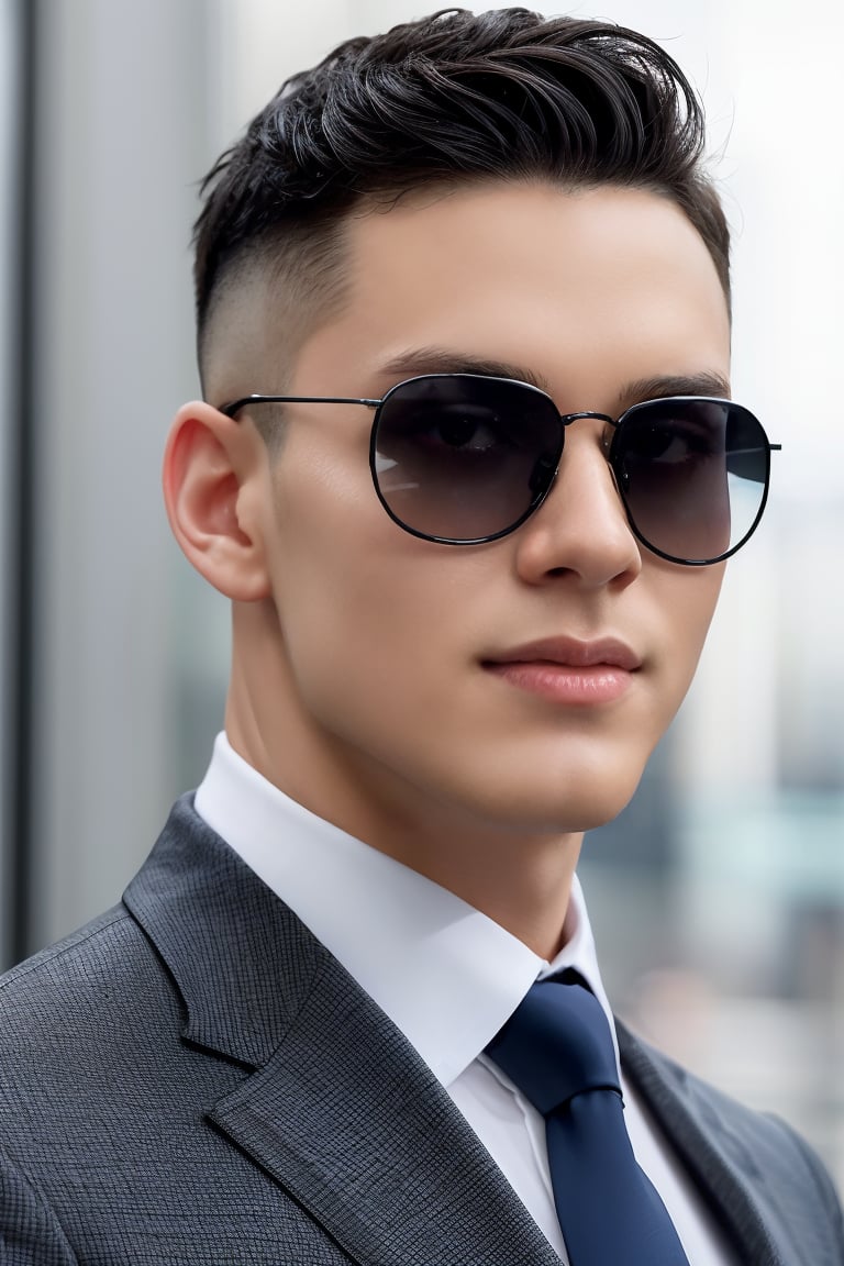 A close-up shot of an tailored man wearing trendy sunglasses and a dashing smile. His chiseled upper body, toned from years of working out, is visible beneath his fitted black suit. A crisp blue shirt adds a touch of elegance to the overall look. The focus remains on the subject's face, with a sharp, realistic rendering that accentuates the definition in his features. His undercut hairstyle.