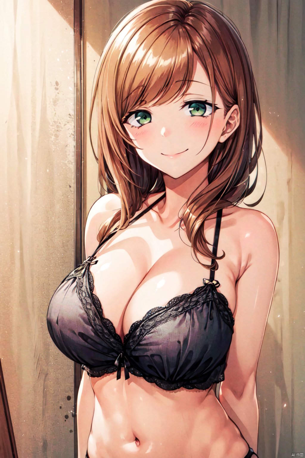 breasts, looking at viewer, blush, smile, large breasts, navel, cleavage, bare shoulders, sanada,swept_bangs,brown hair,green_eyes,