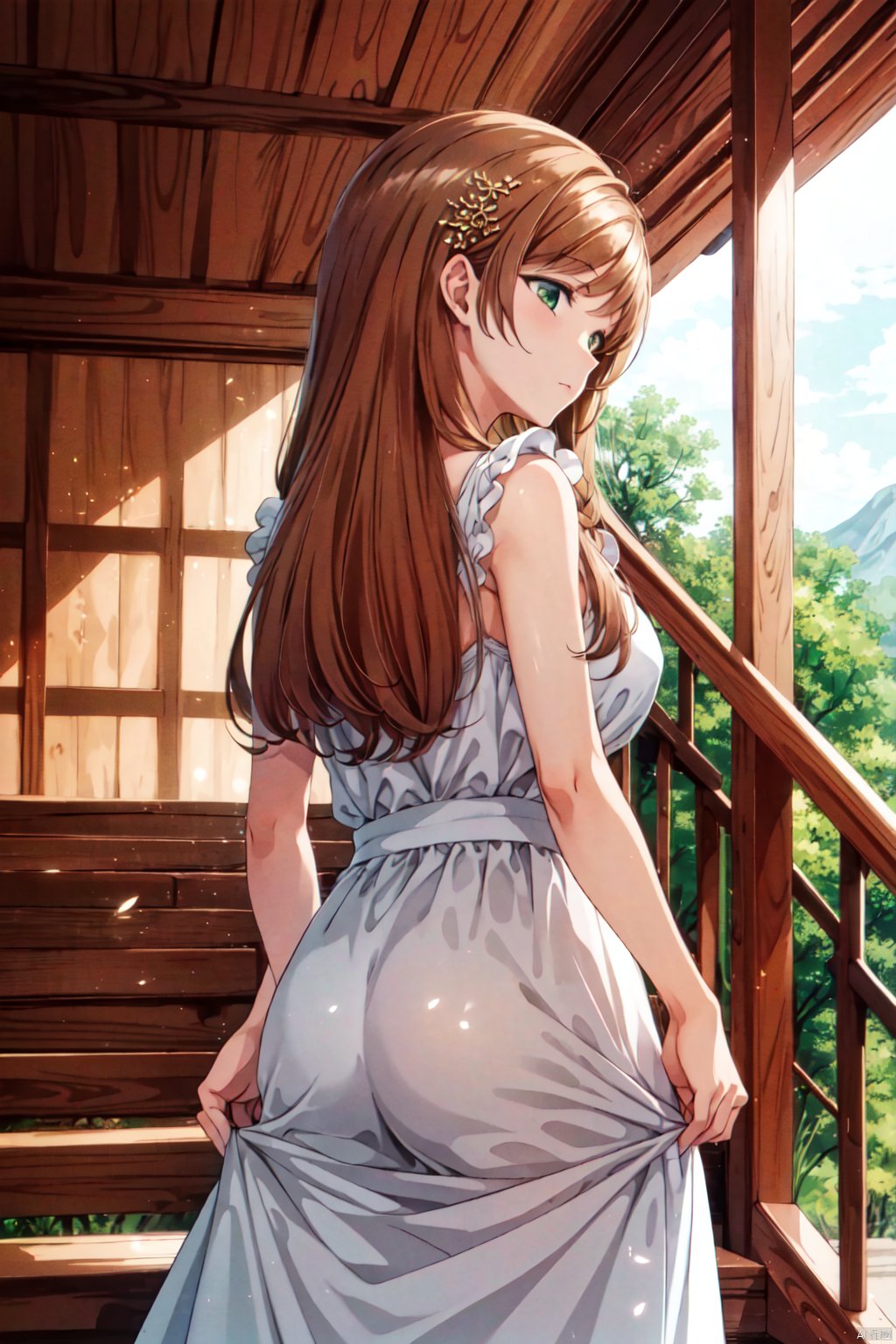 (masterpiece, top quality, best quality, official art, beautiful and aesthetic:1.2),gf-hd, 1girl, long hair, dress, architecture, solo, stairs, white dress, east asian architecture, brown hair, from behind, skirt hold, hair ornament, Anime,sanada,swept_bangs,brown hair,green_eyes,