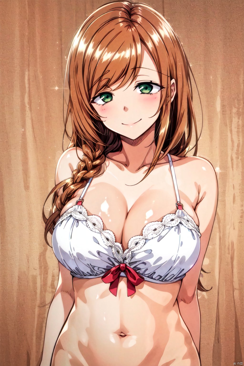 breasts, looking at viewer, blush, smile, large breasts, navel, cleavage, bare shoulders, sanada,swept_bangs,brown hair,green_eyes,