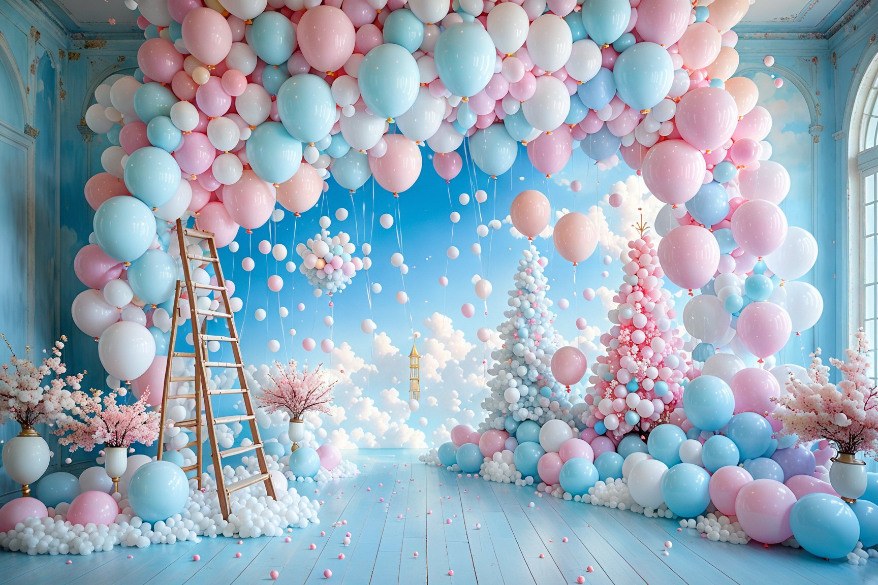 A whimsical scene dominated by pastel colors. A large white balloon is prominently displayed in the center, anchored by a string. Surrounding it are clusters of balloons in shades of pink, white, and light blue. These balloons are artistically arranged to form trees, clouds, and other fantastical elements. A wooden ladder stands to the right, leading up to the balloon. The backdrop is a sky-blue wall adorned with fluffy white clouds, and there are pink blossoming trees scattered throughout the scene. The floor is covered in a sea of white balloons, creating a dreamy ambiance.