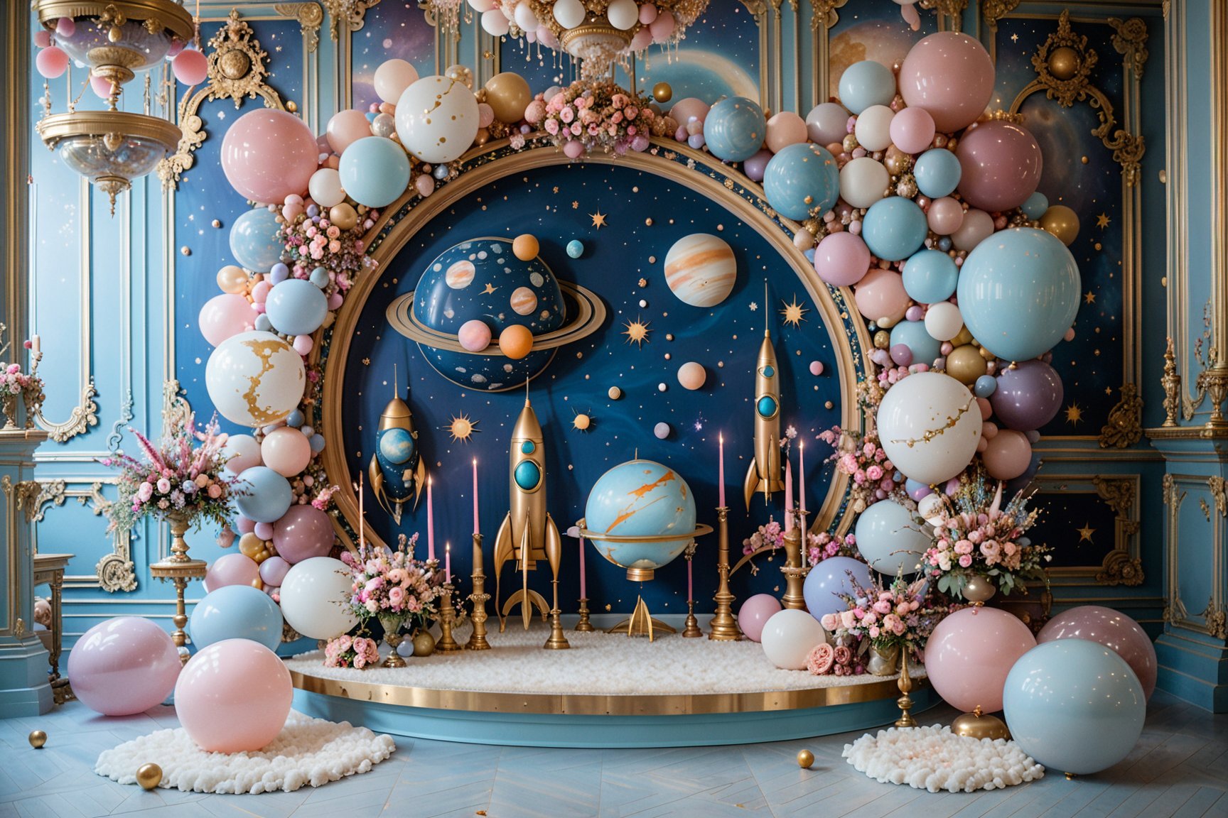 An opulent space-themed setting, dominated by pastel hues. A large, ornate circular frame in a muted blue backdrop depicts planets, stars, and a rocket. Surrounding this frame are balloons in shades of pink, gold, and beige, some of which are clustered together, while others float freely. On the left, there's a tiered stand adorned with pink flowers, candles, and other decorative items. The floor is covered with a soft, white rug, and the walls have intricate moldings and decorations. The overall ambiance is both whimsical and luxurious.