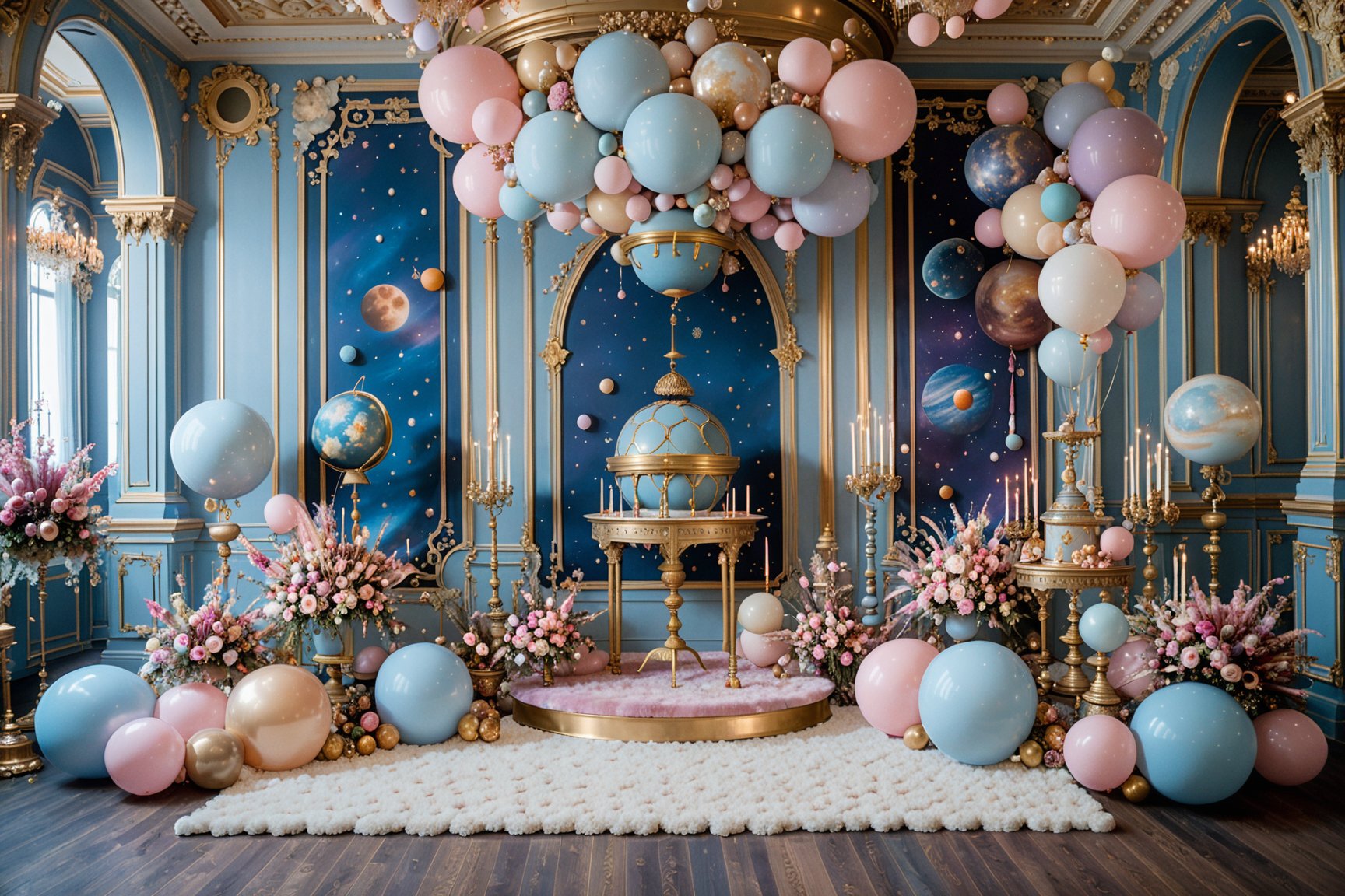 An opulent space-themed setting, dominated by pastel hues. A large, ornate circular frame in a muted blue backdrop depicts planets, stars, and a rocket. Surrounding this frame are balloons in shades of pink, gold, and beige, some of which are clustered together, while others float freely. On the left, there's a tiered stand adorned with pink flowers, candles, and other decorative items. The floor is covered with a soft, white rug, and the walls have intricate moldings and decorations. The overall ambiance is both whimsical and luxurious.