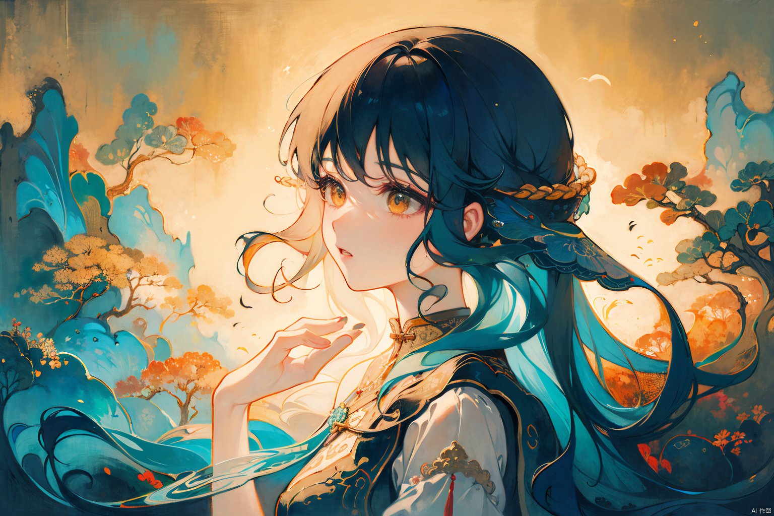 Fantasy Chinese style illustration,A female figure,with her hair cleverly blending with the elements of fire and water,creating a unique visual effect. The woman's facial expression is calm and focused,as if gazing into the distance or deep within herself. Her hair transitions from blue to orange,echoing the colors of fire. The color transition in the picture is very natural,giving a sense of both warmth and coolness. Additionally,the background of the picture is a light yellow,making the subject stand out even more. Overall,this painting conveys a mysterious and dreamy atmosphere.