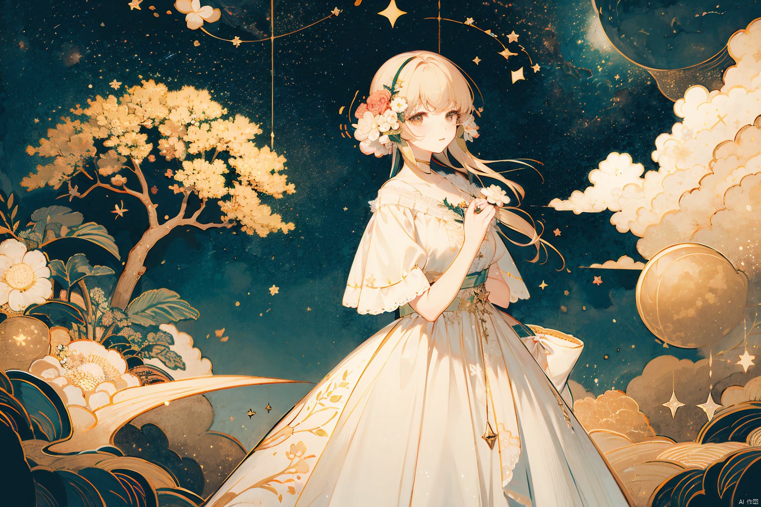 Masterpiece, high quality, 8K, a woman in a white dress holding a clock and a flower tree, the background is stars, the sky has stars, constellations, new moon, earth \(planet \), flowers, galaxies, light particles, moon, night, night sky, planets, meteors, sky, space, sparkling, stars \(sky \), stars \(symbol \), starry sky, starry sky print, white flowers,
