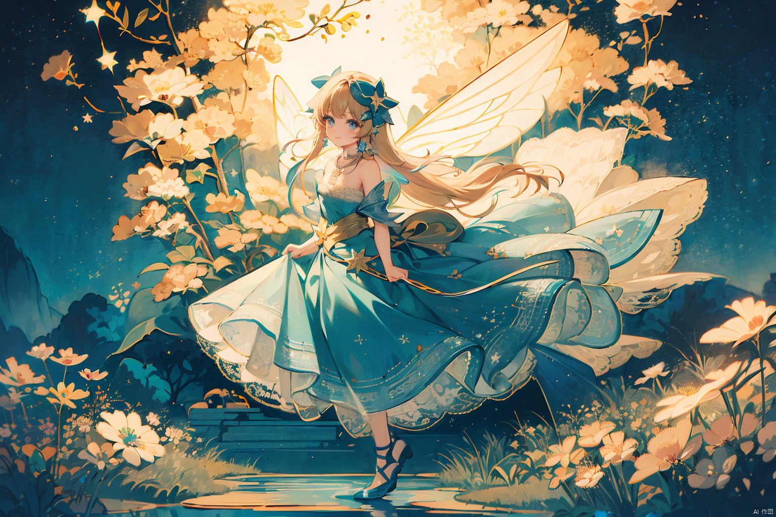 Masterpiece, high-quality, 8K,Cute fairy, (blue big and bright eyes, with tiny starlight shining in their eyes), (delicate face, smile), (slender figure, transparent wings), (golden smooth long hair, decorated with small stars), (dreamy lake blue bright dress, fluffy lace skirt hanging to the ground), (thin ribbons wrapped around the waist), (star shaped earrings, necklaces or bracelets), (wearing a gemstone hairpin on the head), (a pair of exquisite patterned magic flying shoes), dust magic, (background with flowers blooming, grass turning green, beautiful night sky) Movie grade lighting effects, rendering, top-notch texture, (game style) , 1girl, horror (theme)
