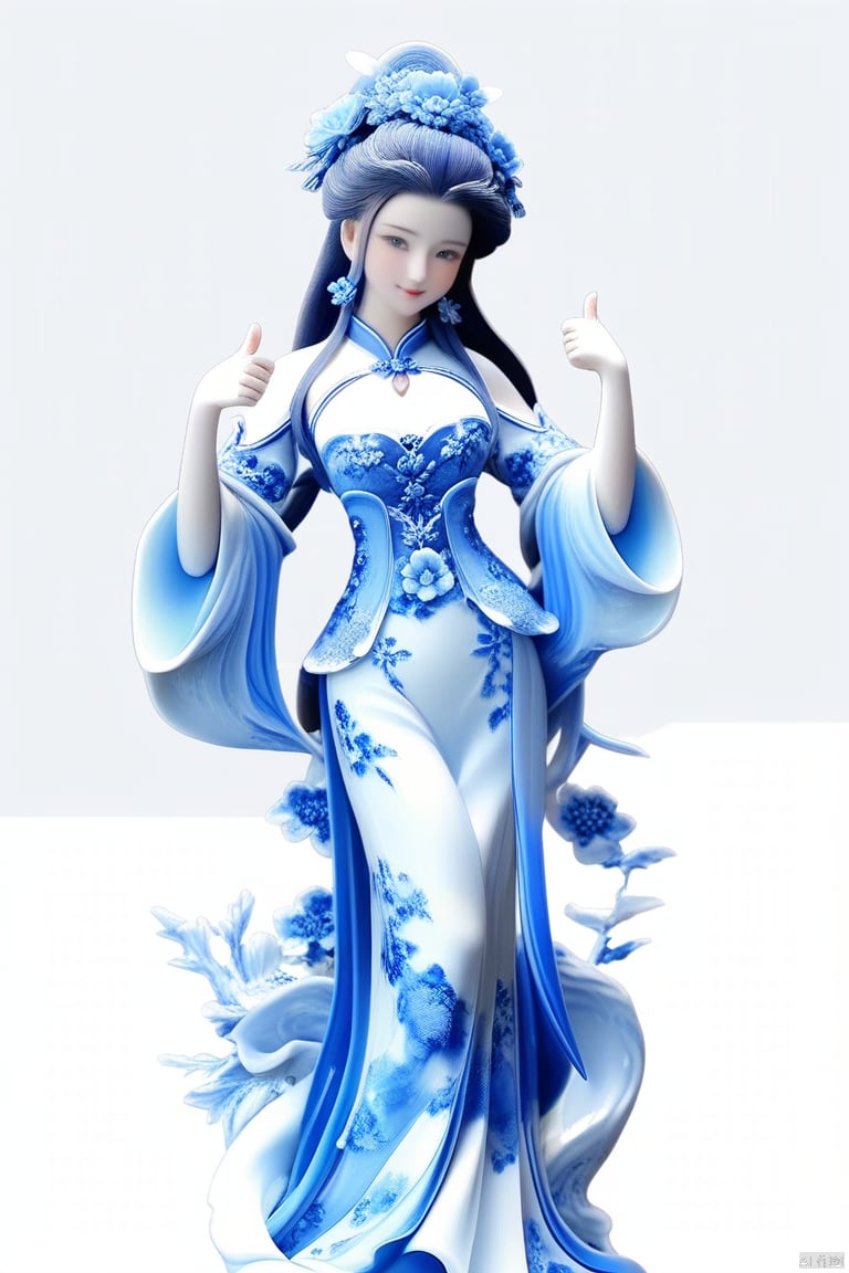 porcelain,1girl,solo,long hair,breasts,simple background,hair ornament,white background,dress,jewelry,standing,full body,flower,colored skin,Upper body, close-up,
hand makes the gesture of thumbs up,fingers , hand, g020,Blue_and_white_porcelain