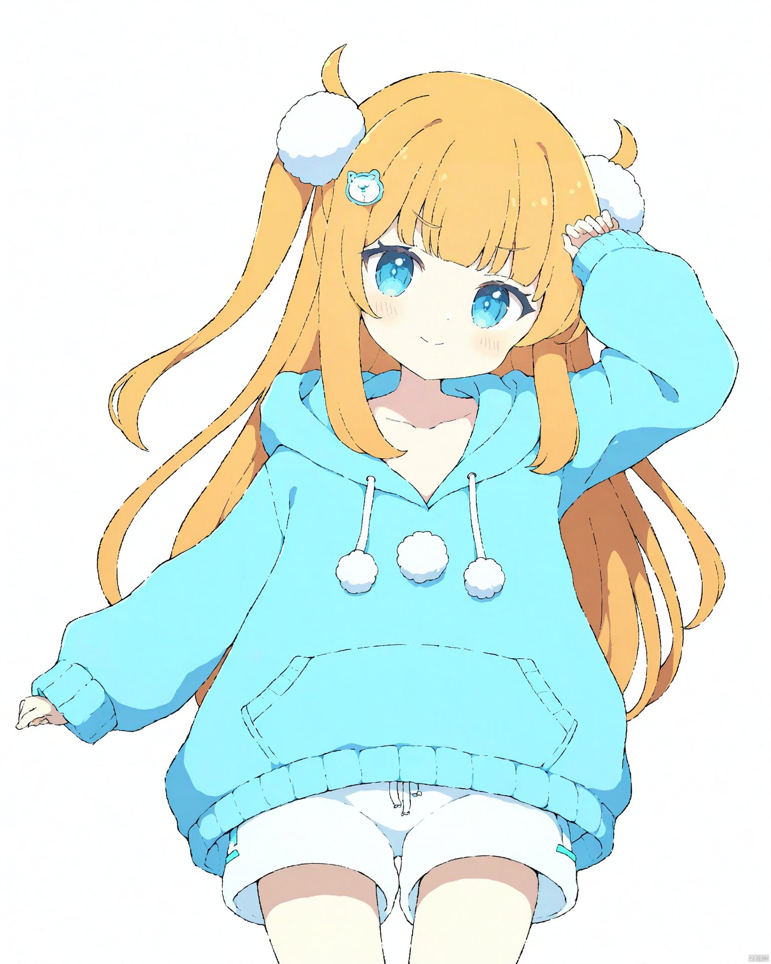 Best-A,tyakomes,1girl, blue_eyes, blue_hoodie, blunt_bangs, blush, closed_mouth, collarbone, cowboy_shot, dot_nose, drawstring, flat_chest, hair_ornament, head_tilt, highres, hood, hood_down, hoodie, long_hair, long_sleeves, looking_at_viewer, orange_hair, original, pom_pom_\(clothes\), pom_pom_hair_ornament, shorts, sidelocks, simple_background, sleeve_cuffs, smile, solo, two_side_up, tyakomes, v-shaped_eyebrows, variant_set, white_background, white_shorts