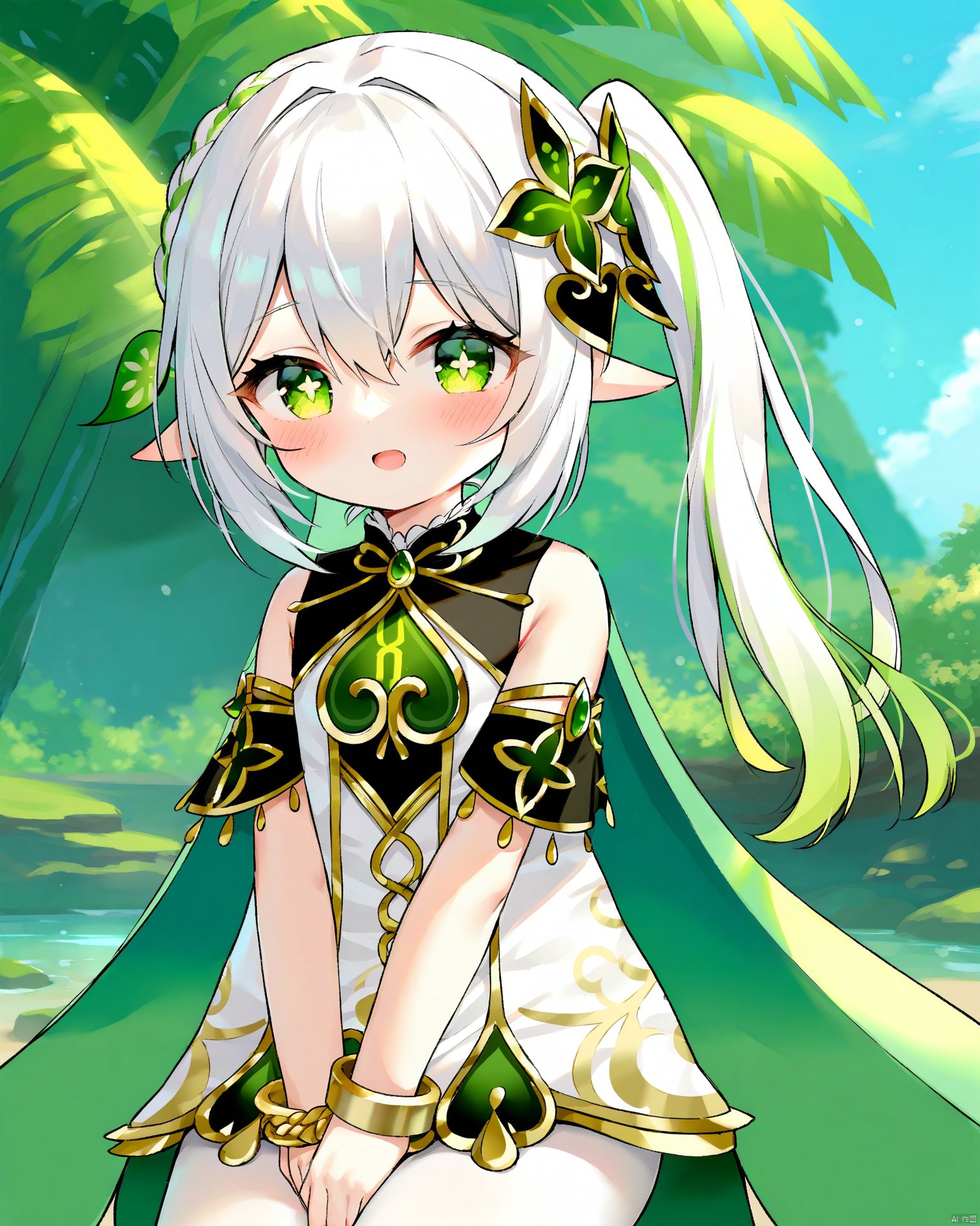 Best-A,1girl, bare_shoulders, blush, bracelet, braid,cape, chen_bin, genshin_impact, gradient_hair, green_cape, green_eyes, green_hair, hair_ornament, jewelry, leaf_hair_ornament, long_hair, looking_at_viewer, multicolored_hair, nahida_\(genshin_impact\), open_mouth, outdoors, pantyhose, pointy_ears, side_ponytail, sidelocks, sleeveless_dress, solo, symbol-shaped_pupils, thighs, white_dress, white_hair, white_pantyhose, loli