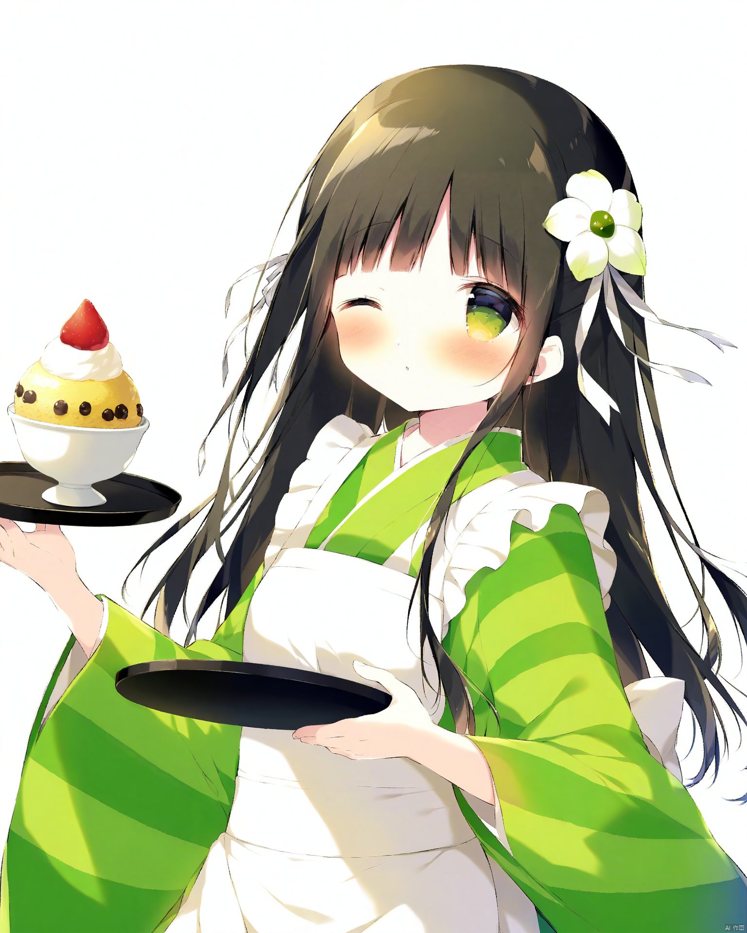 Best-A, shiratama \(shiratamaco\), ujimatsu chiya, 1girl, one eye closed, long hair, solo, green eyes, food, brown hair, japanese clothes, hair ornament, looking at viewer, blush, flower, kimono, apron, ribbon, white background, tray, holding, hair flower, green kimono, maid apron, holding tray, long sleeves, wide sleeves, striped, striped kimono, bangs, white ribbon, upper body, simple background, white flower, white apron, ice cream, hair ribbon