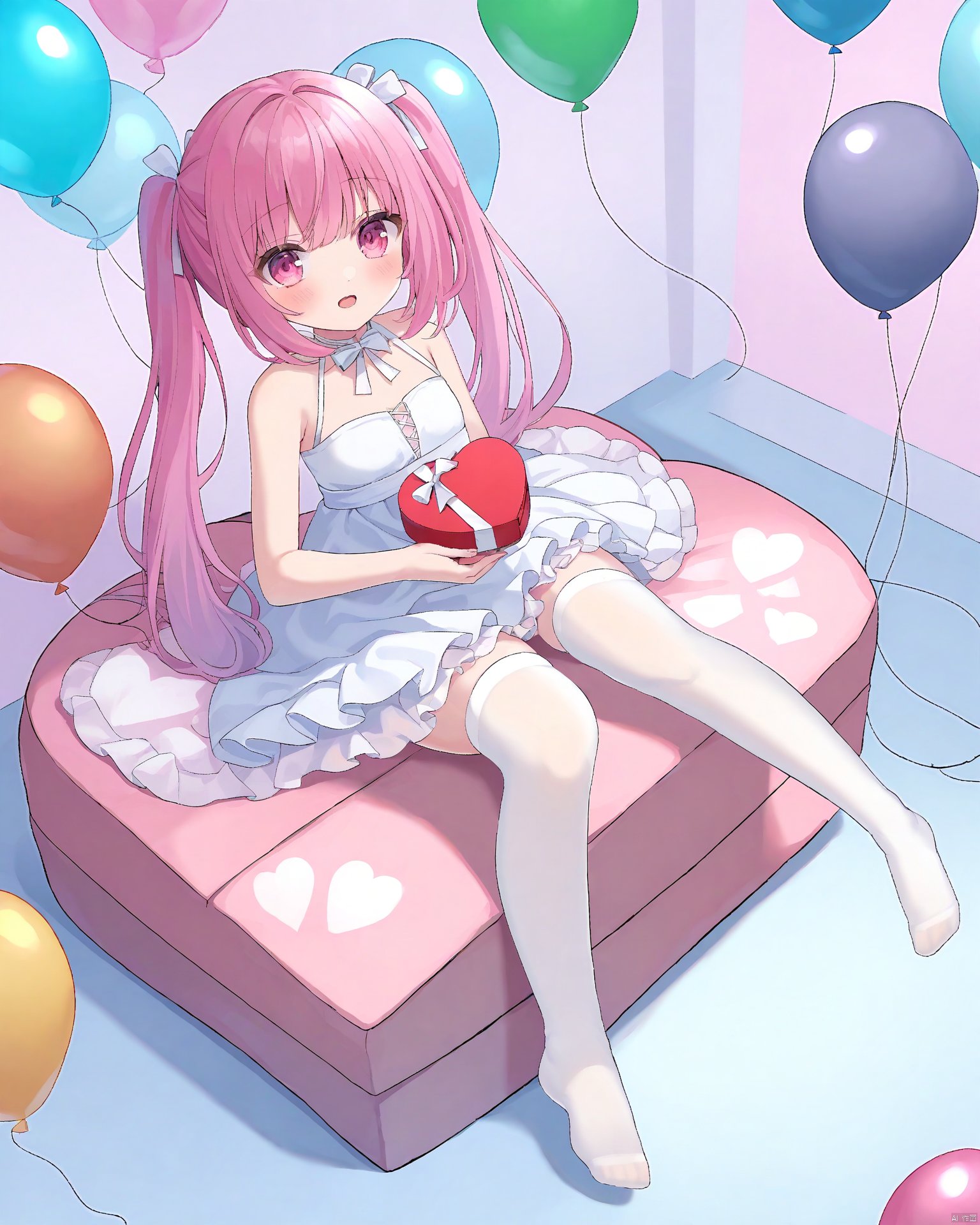 Best-A,kinoshita_ringo_\(ryve5758\),1girl, absurdres, balloon, bare_arms, bare_shoulders, box, breasts, copyright_request, dress, frilled_dress, frills, full_body, heart-shaped_box, highres, kinoshita_ringo_\(ryve5758\), long_hair, no_shoes, open_mouth, pink_eyes, pink_hair, sitting, sleeveless, sleeveless_dress, small_breasts, solo, thighhighs, toes, twintails, white_dress, white_thighhighs