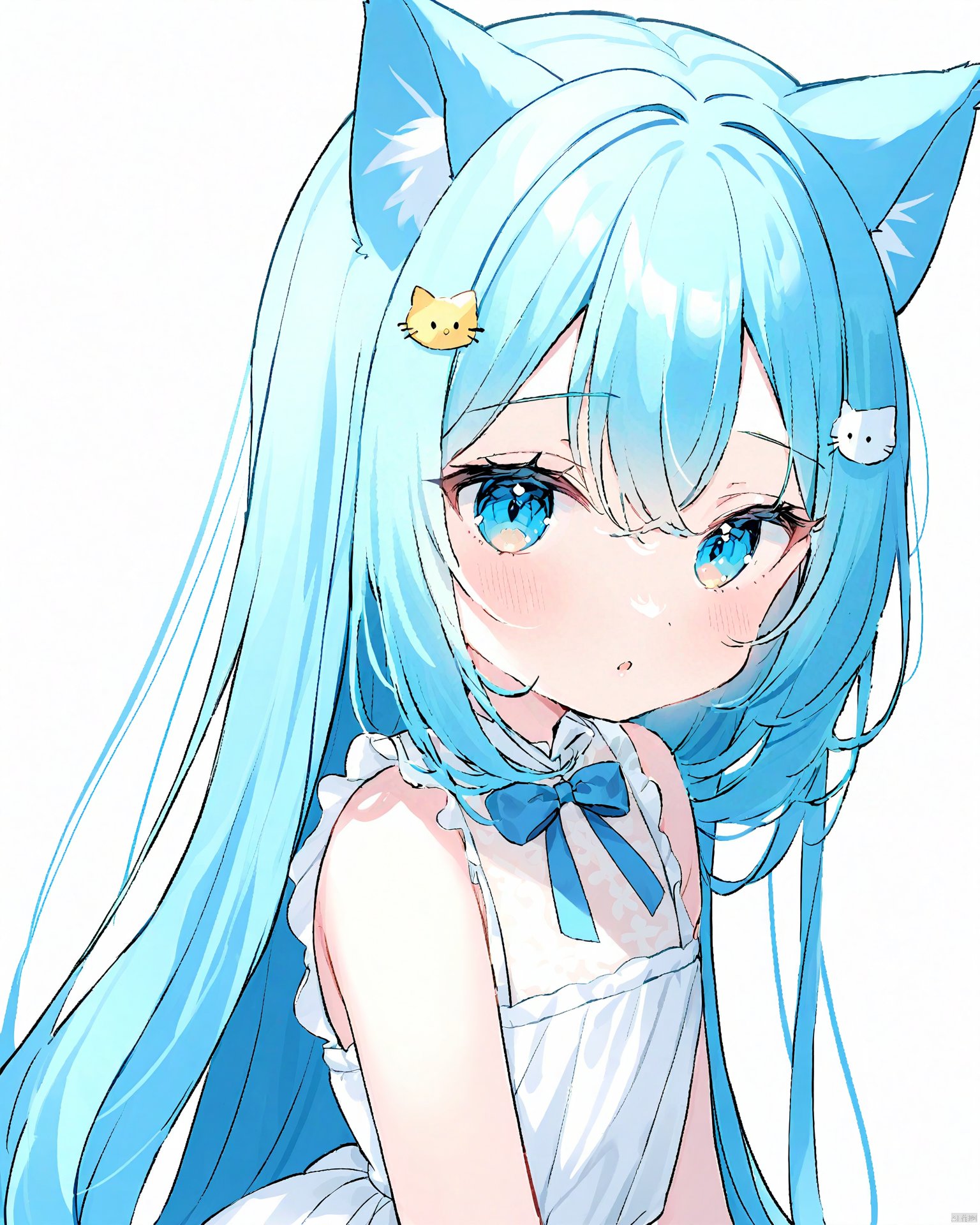 Best-A,Chr_Rnglg2, 1girl, solo, animal_ears, multicolored_hair, sleeveless_dress, cat_hair_ornament, dress, long_hair, blue_eyes, cat_ears, parted_lips, hair_ornament, simple_background, blue_hair, white_background, upper_body, blush, white_dress, looking_at_viewer, bow, sleeveless, bare_shoulders