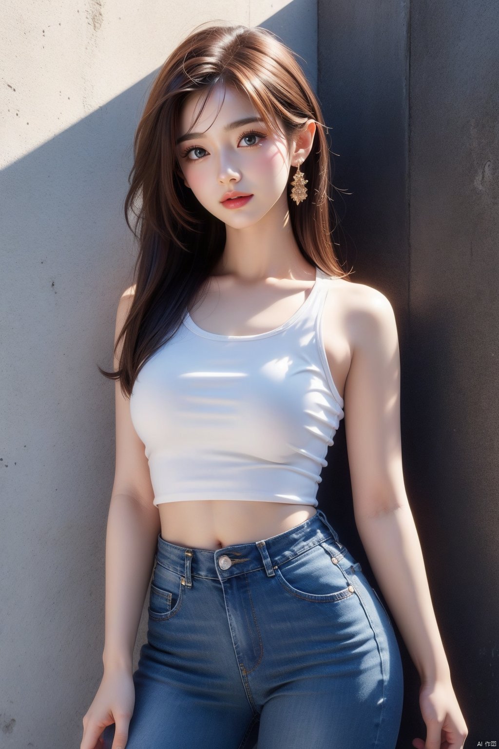 1girl, solo, breasts, looking at viewer, smile, brown hair, black hair, navel, bare shoulders, brown eyes, jewelry, closed mouth, standing, collarbone, cowboy shot, midriff, pants, lips, shadow, tank top, denim, jeans, realistic, arms at sides